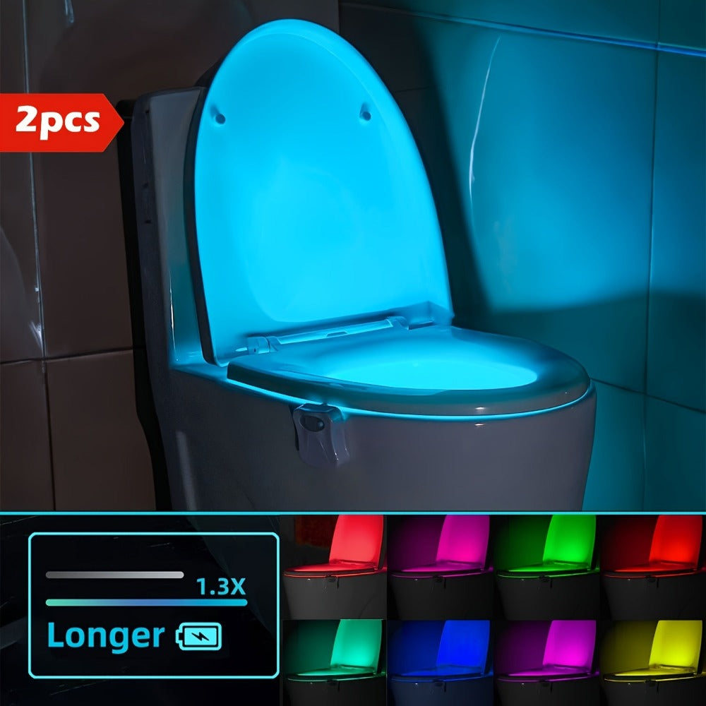 Juego de 2 luces modernas para inodoro con sensor infrarrojo, detección de movimiento y luz nocturna, aptas para baño, de pared/apagado, 16 opciones de color, funcionamiento sin enchufe para taza de inodoro, de plástico product image
