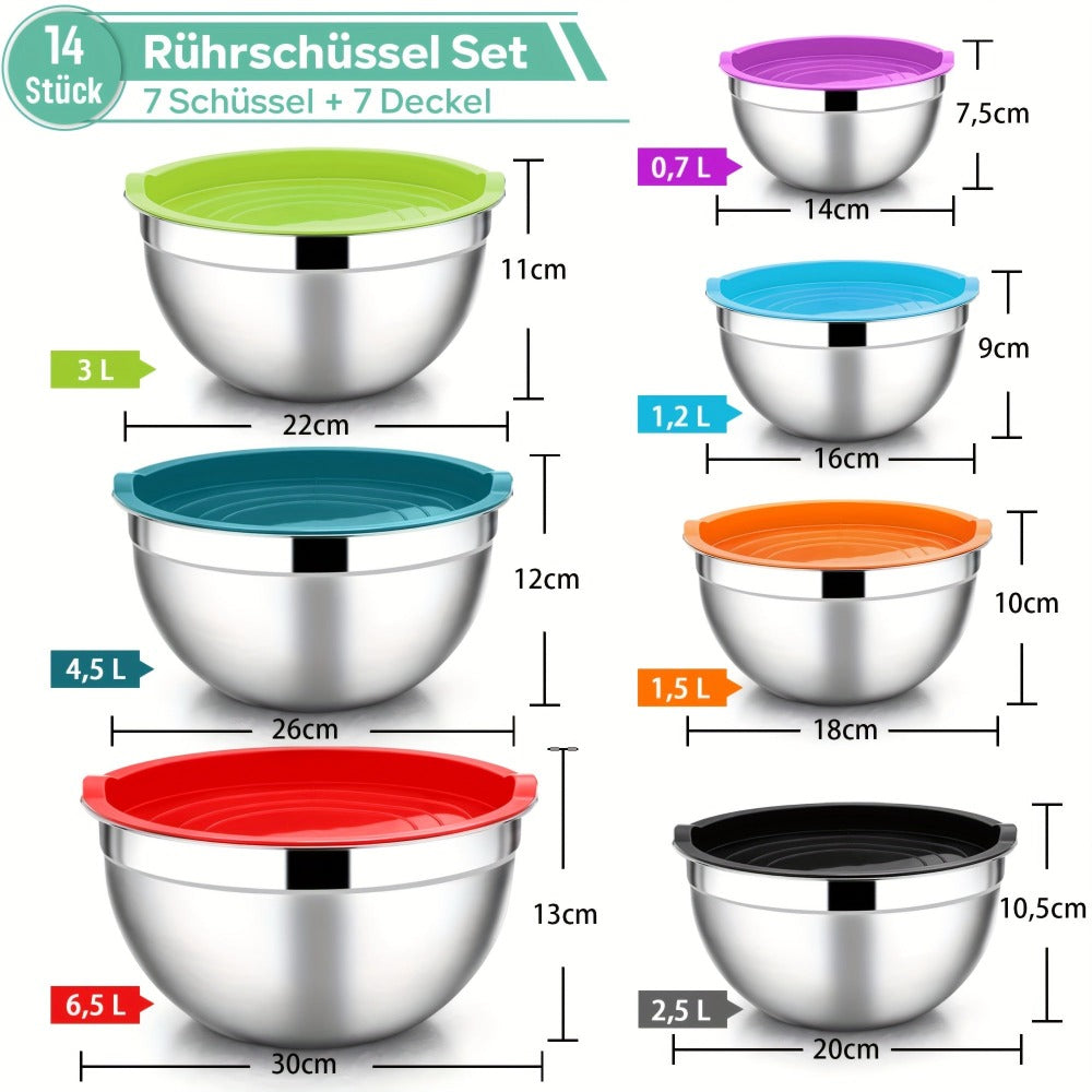 Juego de 21 tazones mezcladores/7 tazones con tapas, tazones para ensalada anidables de acero inoxidable con 3 accesorios de rallador, 7 cucharas medidoras y fondo de silicona antideslizante, tazones de cocina para cocinar, hornear y prepar