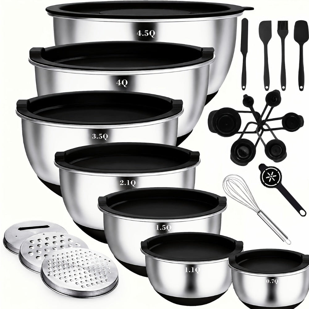 Juego de 21 tazones mezcladores/7 tazones con tapas, tazones para ensalada anidables de acero inoxidable con 3 accesorios de rallador, 7 cucharas medidoras y fondo de silicona antideslizante, tazones de cocina para cocinar, hornear y prepar