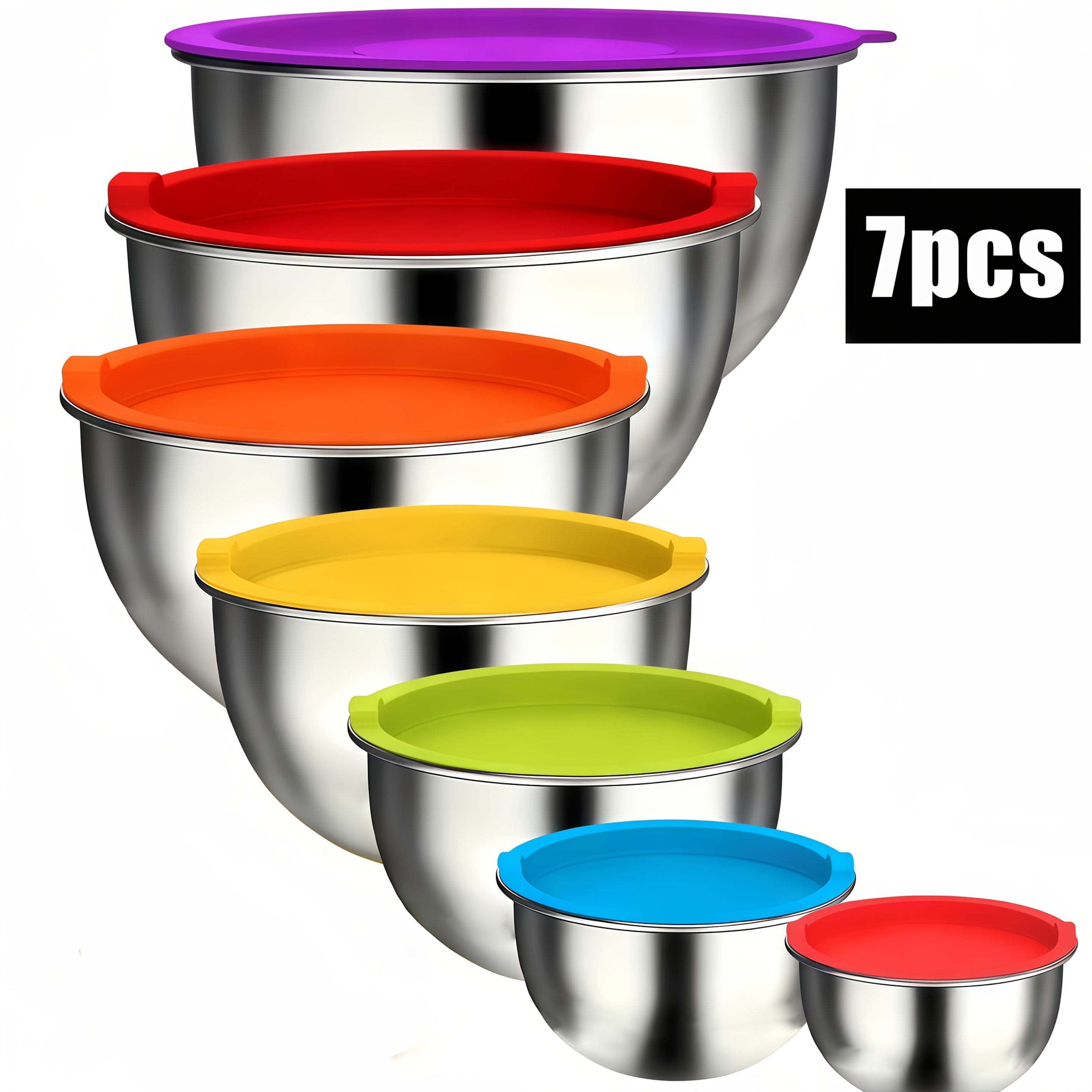 Juego de 21 tazones mezcladores/7 tazones con tapas, tazones para ensalada anidables de acero inoxidable con 3 accesorios de rallador, 7 cucharas medidoras y fondo de silicona antideslizante, tazones de cocina para cocinar, hornear y prepar