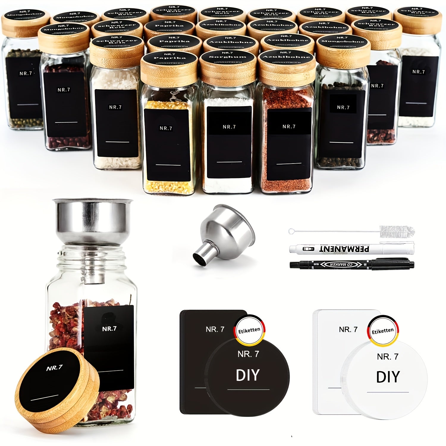 Juego de 24 frascos cuadrados para especias, cada uno de 120 ml, con tapas de bambú y etiquetas manuscritas para organizar y guardar especias en la cocina variant image