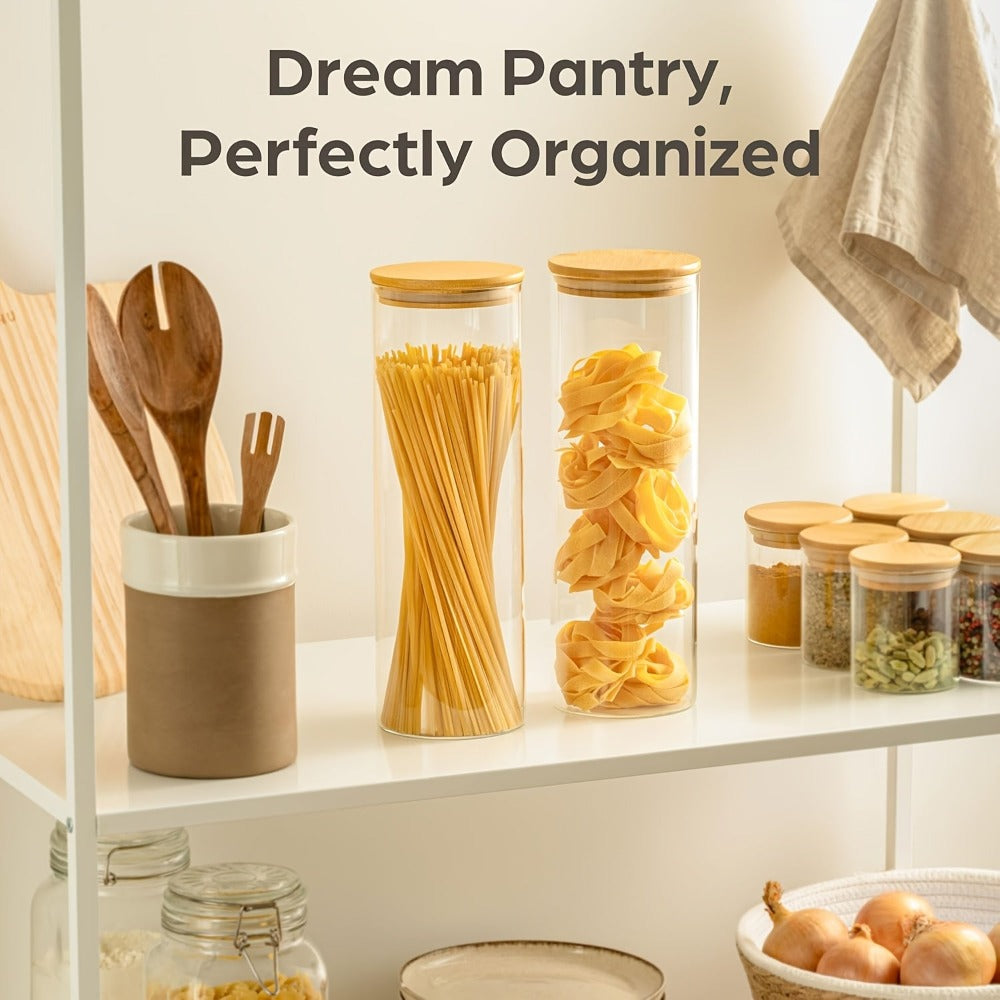 Juego de 3/4 tarros de cristal para almacenamiento de cocina, redondos y cilíndricos con tapa de bambú. 1.3L (44oz)/2L (67oz). Hechos de vidrio de borosilicato de alta resistencia, ligeros y duraderos, aptos para lavavajillas. Adecuados par