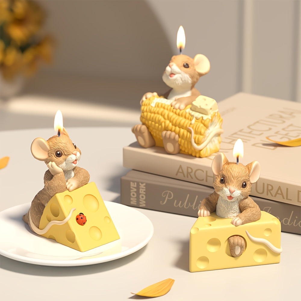 Juego de 3 moldes de silicona de ratón y queso - Moldes y velas de animales de dibujos animados 3D para resina DIY, arcilla, manualidades de aromaterapia, adornos, artículos para el hogar y decoración product image