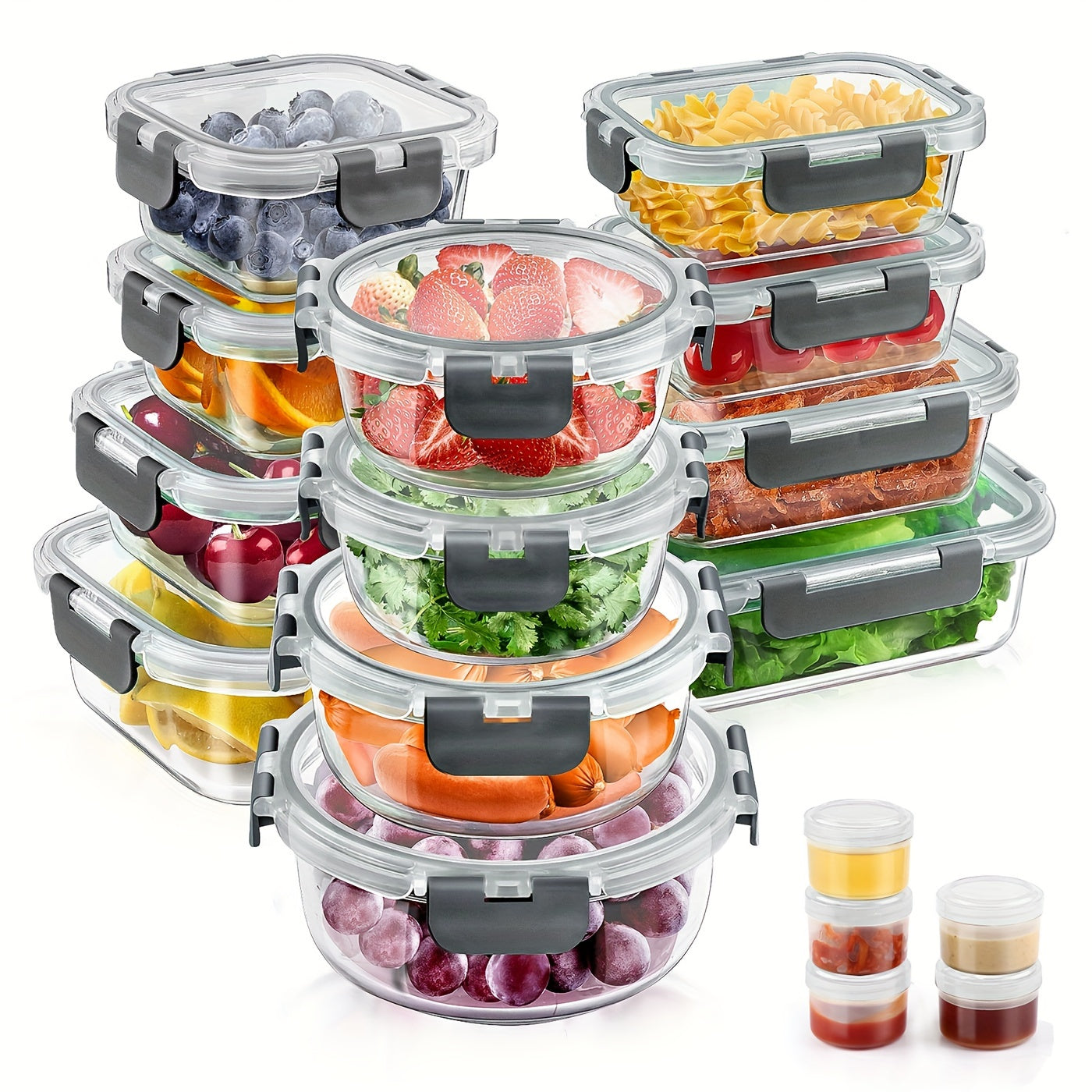 Juego de 34 recipientes de cristal para almacenar alimentos con tapas, recipientes herméticos de cristal para preparación de comidas (17 recipientes y 17 tapas), recipientes para almuerzo a prueba de fugas, aptos para microondas, horno, con