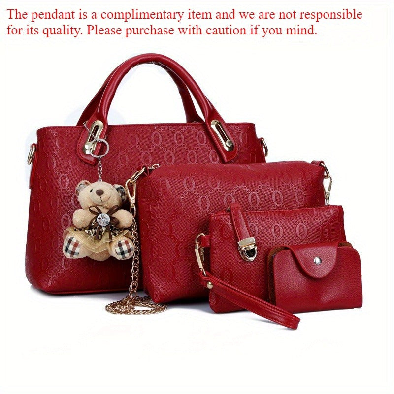 Juego de 4 piezas de bolso para mujer de moda retro con relieve, bolso tote simple de gran capacidad, bolso cruzado casual y versátil de un solo hombro, un colgante de oso al azar, bolso de mano portátil, monedero, adecuado para desplazamie