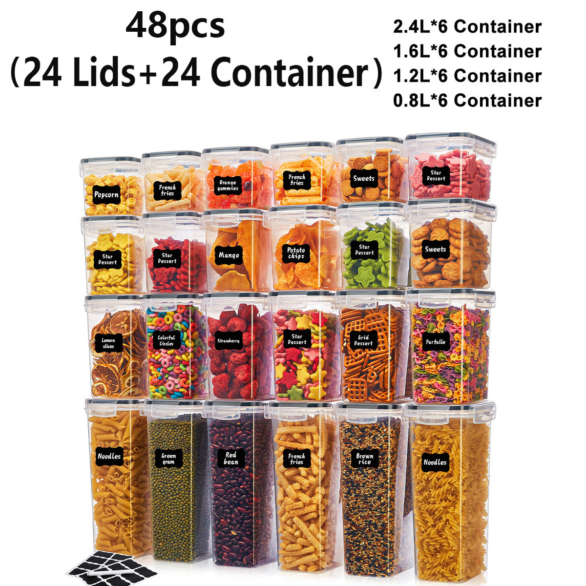 Juego de 48 piezas de recipientes herméticos, apilables y que ahorran espacio para almacenar alimentos, con tapas y cajas, incluye etiquetas para facilitar la cocina y la organización de la despensa. Compra 24 recipientes, obtén 24 tapas y 