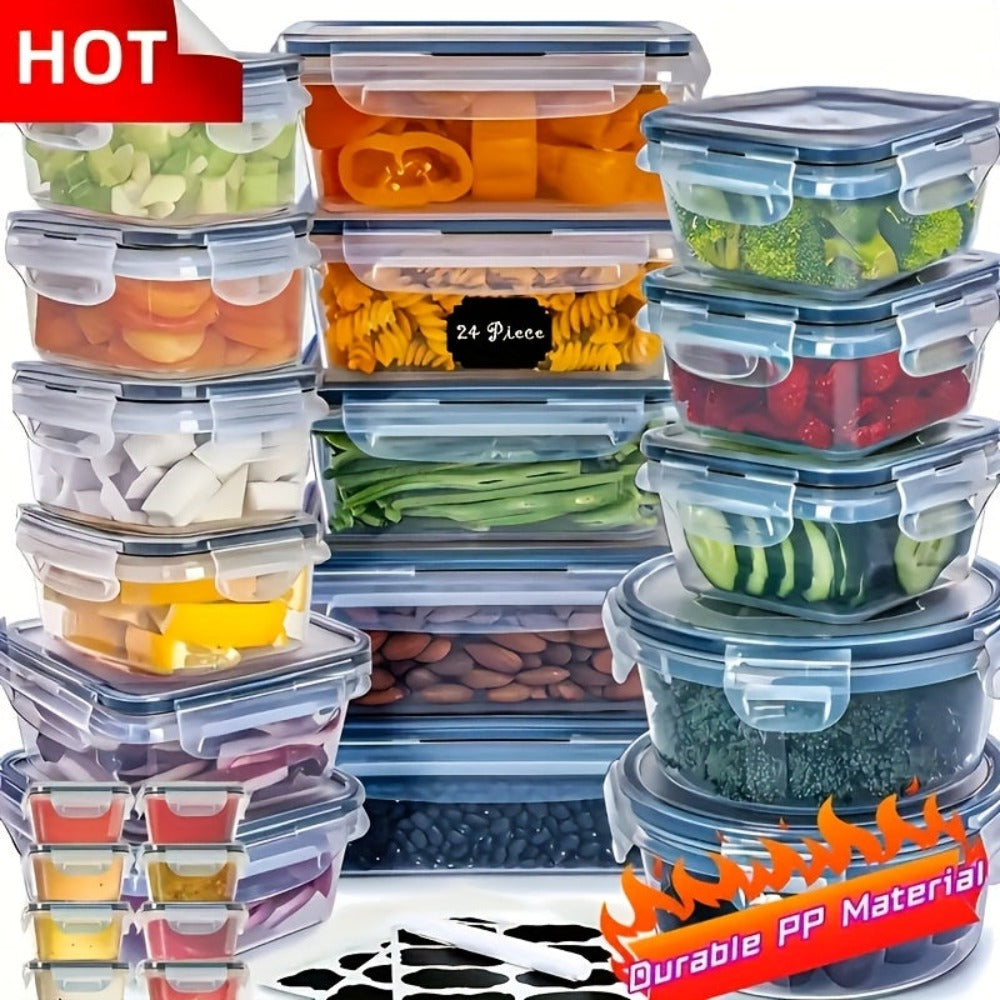 Juego de 48 recipientes herméticos para almacenar alimentos, con tapas fáciles de asegurar (24 tapa + 24 contenedores) - ideales para guardar comida, viajes, picnics y organización en la cocina. Incluye etiquetas e imanes, Contenedores Herm