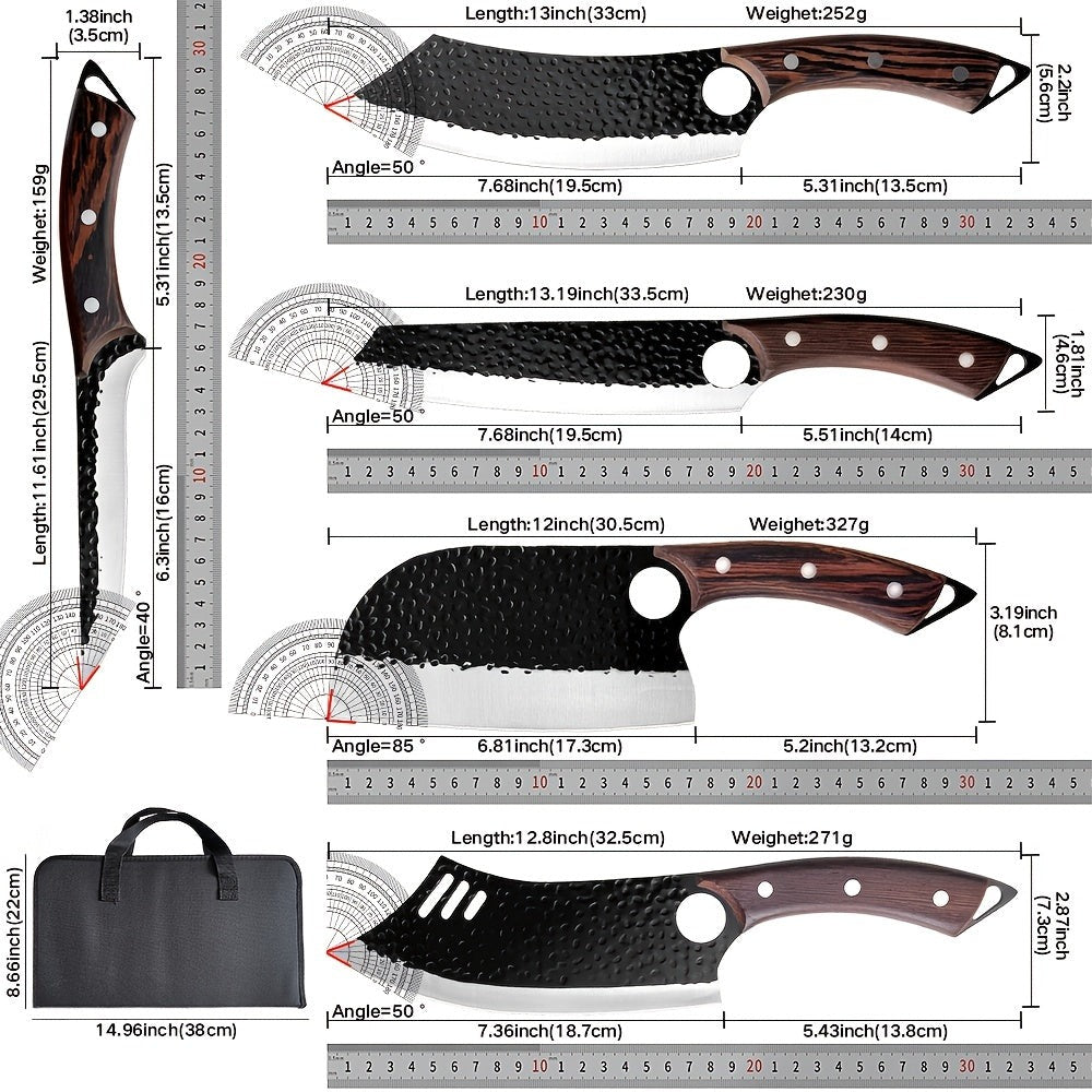 Juego de 5 Cuchillos de Carnicero Forjados a Mano - Juego de Cuchillos de Chef, Cuchillo de Carnicero, Cuchillo Deshuesador, Cuchillo de Carnicero, Cuchillo de Acero Inoxidable para Cortar Carne con Mangos Ergonómicos de Madera para Cocina 