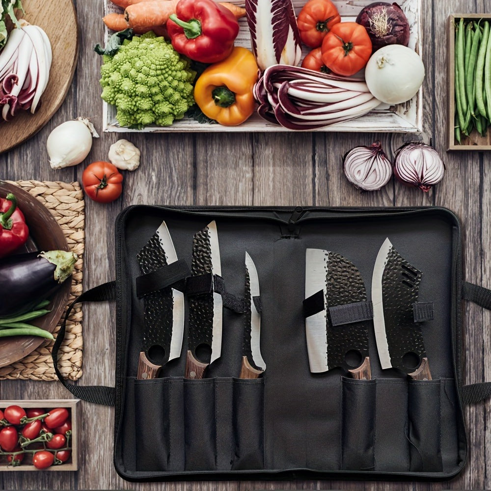 Juego de 5 cuchillos de cocina profesionales, juego de cuchillos de chef, cuchillo de cocina forjado a mano, perfecto para cuchillo de corte, cuchillo afilado de acero inoxidable 7Cr17Mov, mango de madera afilado, cuchillo de chef que inclu