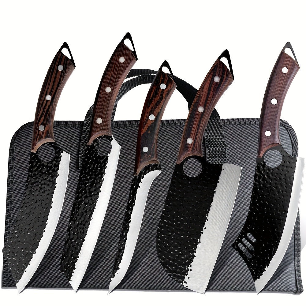 Juego de 5 cuchillos de cocina profesionales, juego de cuchillos de chef, cuchillo de cocina forjado a mano, perfecto para cuchillo de corte, cuchillo afilado de acero inoxidable 7Cr17Mov, mango de madera afilado, cuchillo de chef que inclu