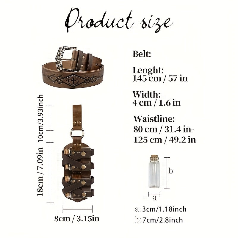 Juego de 5 piezas de cinturón medieval vintage con hebilla de cuero sintético repujado, riñonera portátil renacentista, bolsa lateral, riñonera con remaches, bolsa de dados con 8 botellas de corcho, accesorios de cinturón de botellas de poc