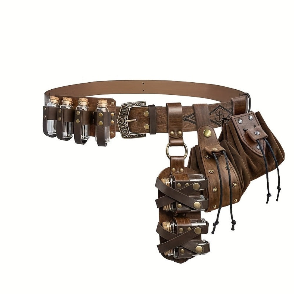 Juego de 5 piezas de cinturón medieval vintage con hebilla de cuero sintético repujado, riñonera portátil renacentista, bolsa lateral, riñonera con remaches, bolsa de dados con 8 botellas de corcho, accesorios de cinturón de botellas de poc
