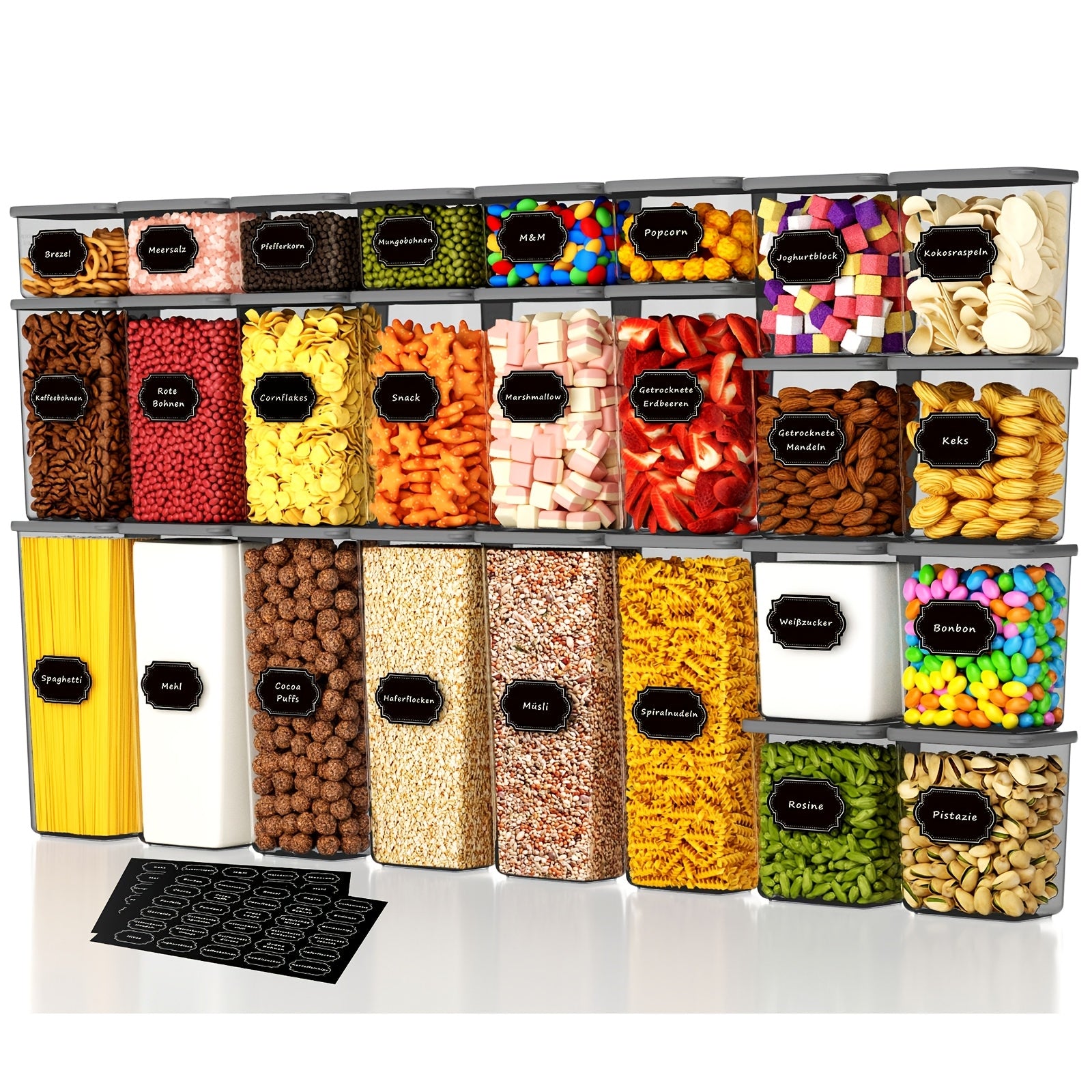 Juego de 52 contenedores de plástico sellados aptos para alimentos - 26 recipientes + 26 tapas | Especial para cereales/harina/granos de café/hojuelas de maíz - Artefacto de almacenamiento de cocina, con tapas variant image