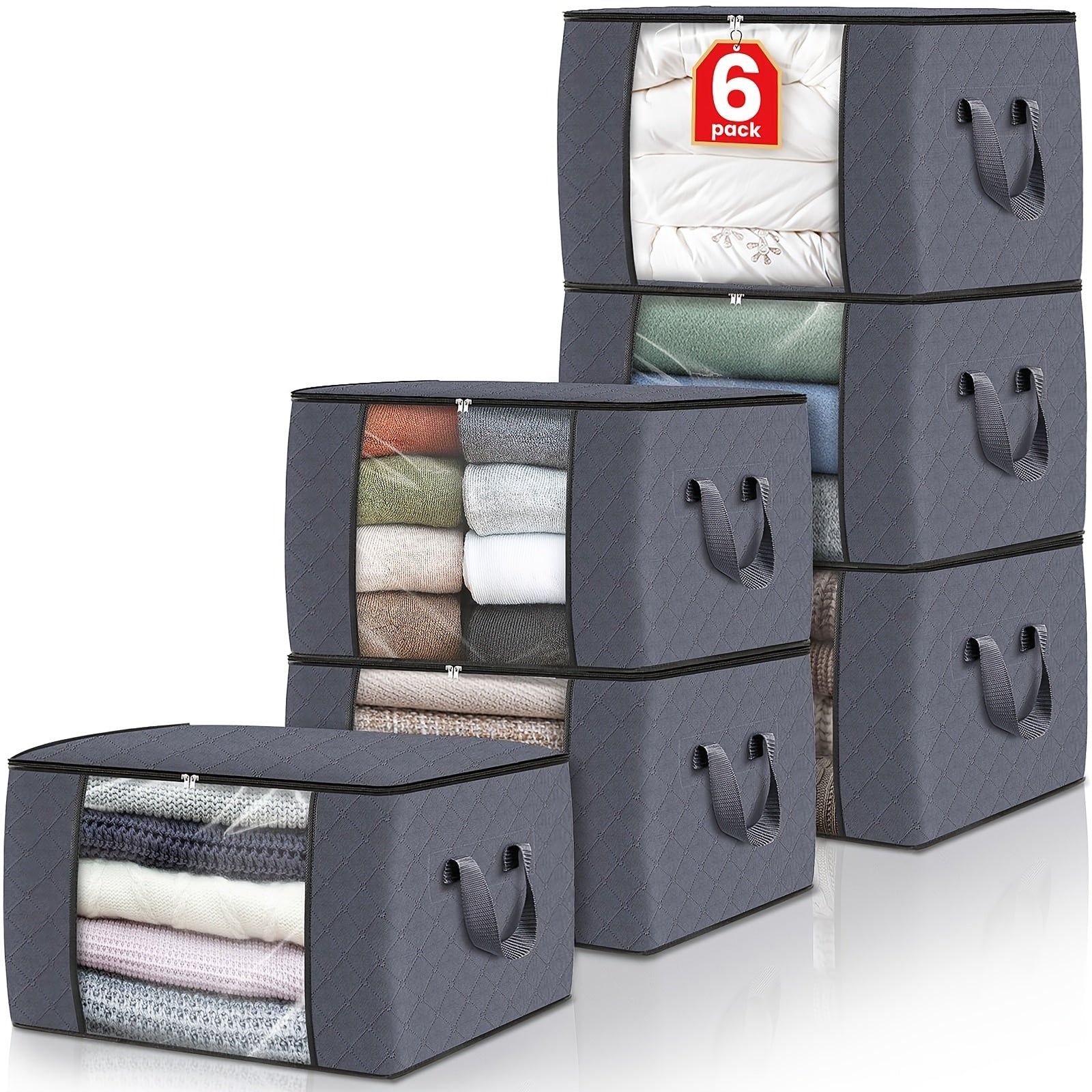 Juego de 6 bolsas de almacenamiento de 60L-90L-120L, bolsas grandes para guardar ropa con cremalleras, asas duraderas y tela gruesa para ropa, ropa de cama, mantas, edredones (gris), almacenamiento debajo de la cama variant image - product 