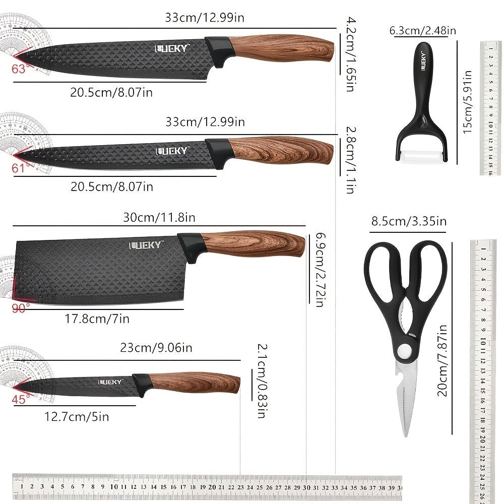 Juego de 6 cuchillos de cocina profesionales, que incluye un cuchillo de chef, un cuchillo para rebanar, un raspador y tijeras, fabricados con acero inoxidable de alto carbono para una afilada excepcional, con un mango ergonómico de madera 