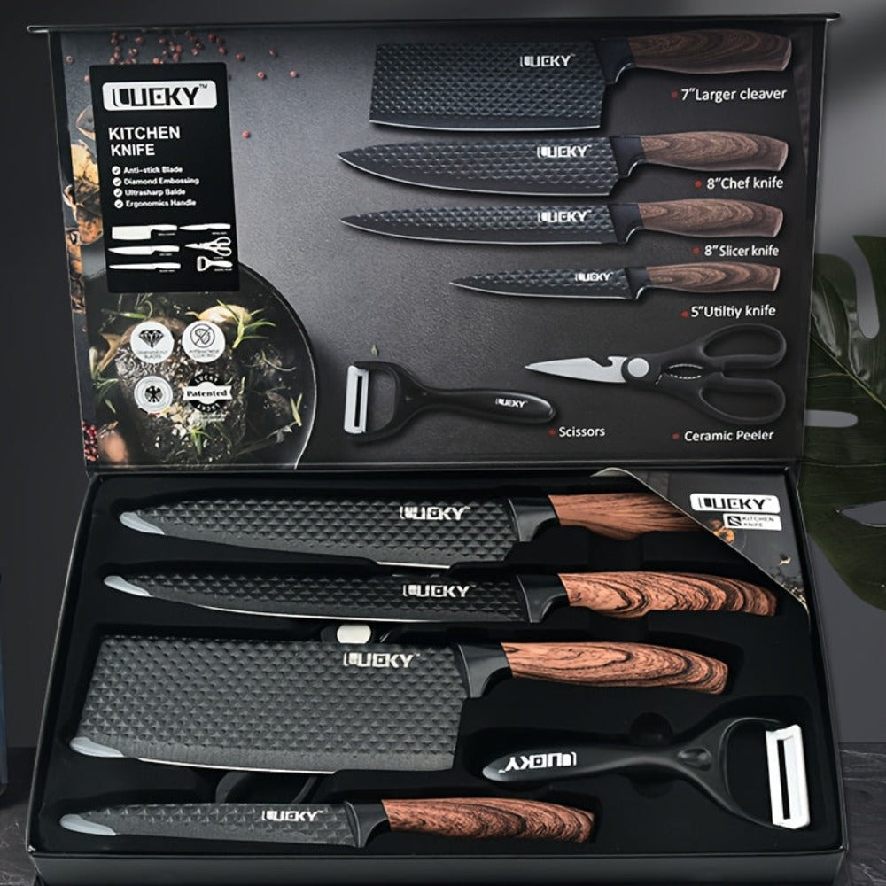 Juego de 6 cuchillos de cocina profesionales, que incluye un cuchillo de chef, un cuchillo para rebanar, un raspador y tijeras, fabricados con acero inoxidable de alto carbono para una afilada excepcional, con un mango ergonómico de madera 