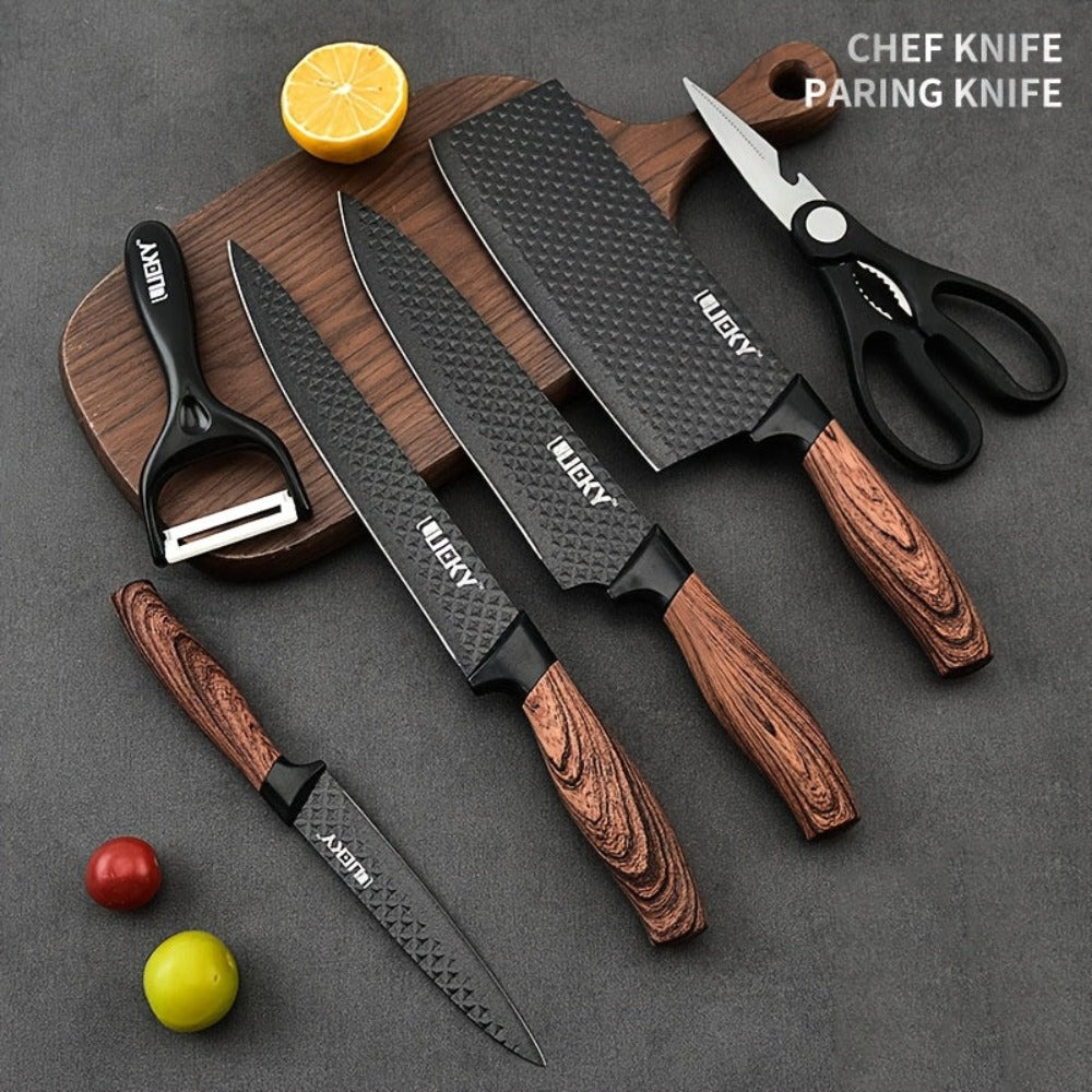 Juego de 6 cuchillos de cocina profesionales, que incluye un cuchillo de chef, un cuchillo para rebanar, un raspador y tijeras, fabricados con acero inoxidable de alto carbono para una afilada excepcional, con un mango ergonómico de madera