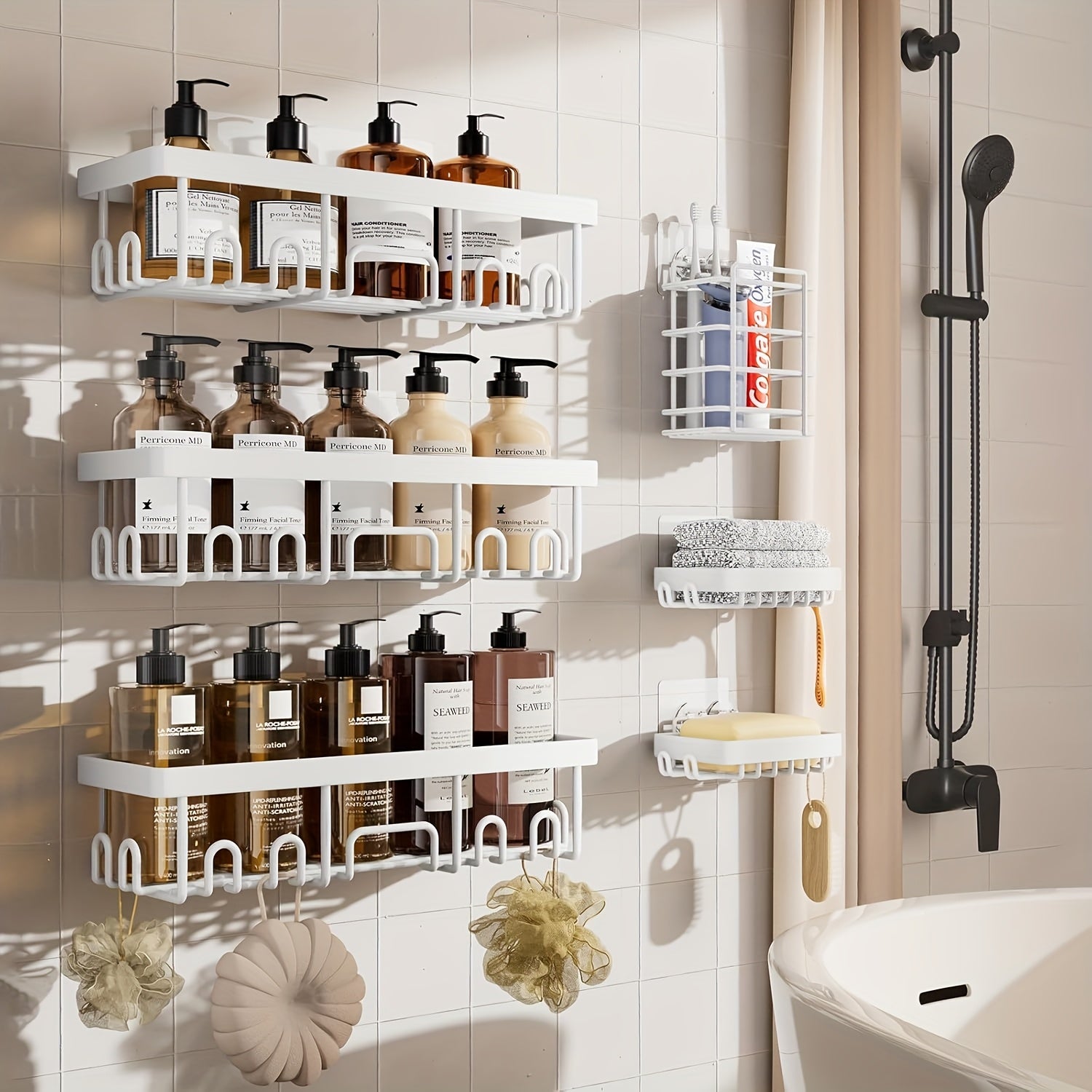 Juego de 6 estantes de ducha de acero inoxidable a prueba de óxido, organizador de baño adhesivo sin taladro, estantes de ducha que ahorran espacio para elementos esenciales de apartamento, baño, almacenamiento de cocina, decoración del hog