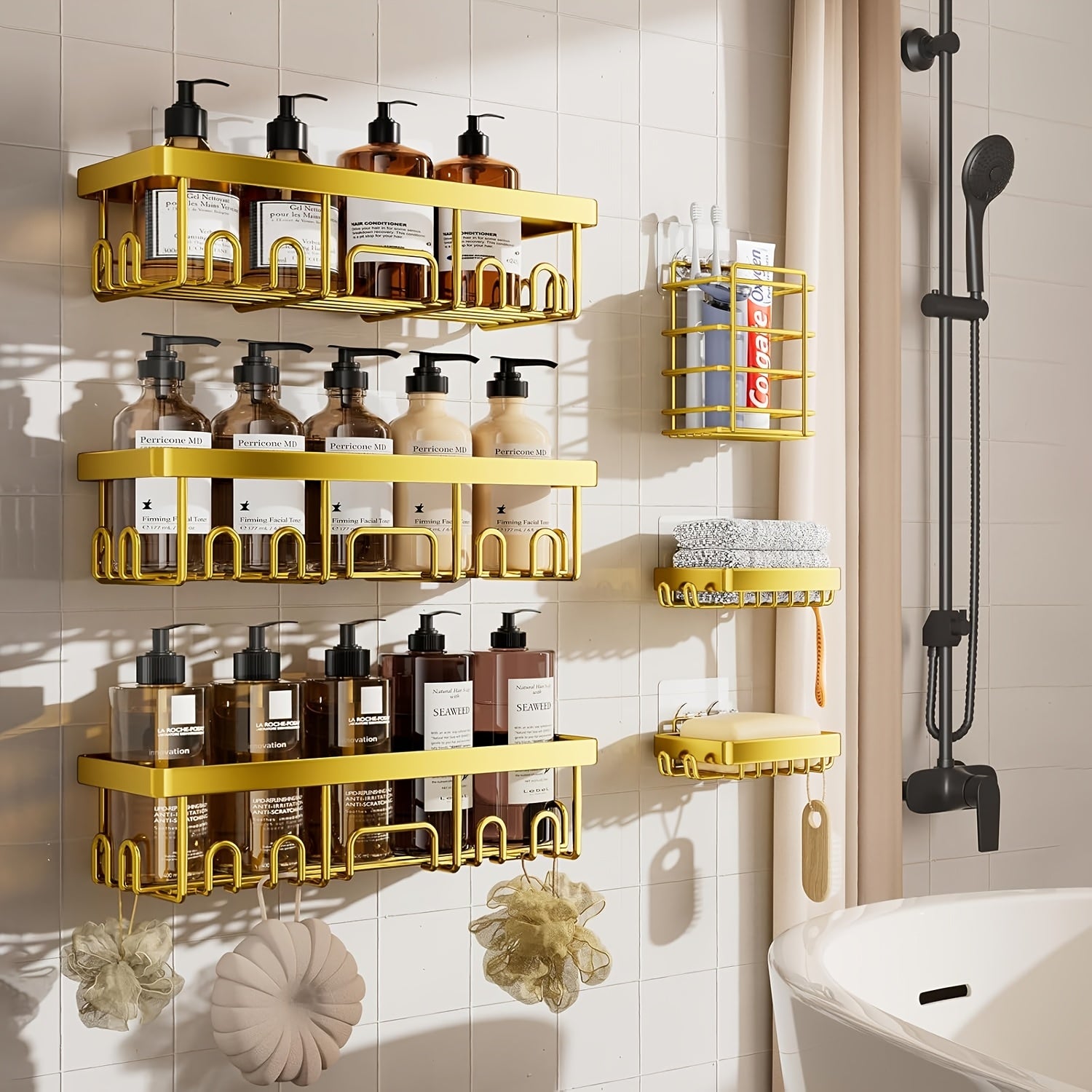 Juego de 6 estantes de ducha de acero inoxidable a prueba de óxido, organizador de baño adhesivo sin taladro, estantes de ducha que ahorran espacio para elementos esenciales de apartamento, baño, almacenamiento de cocina, decoración del hog