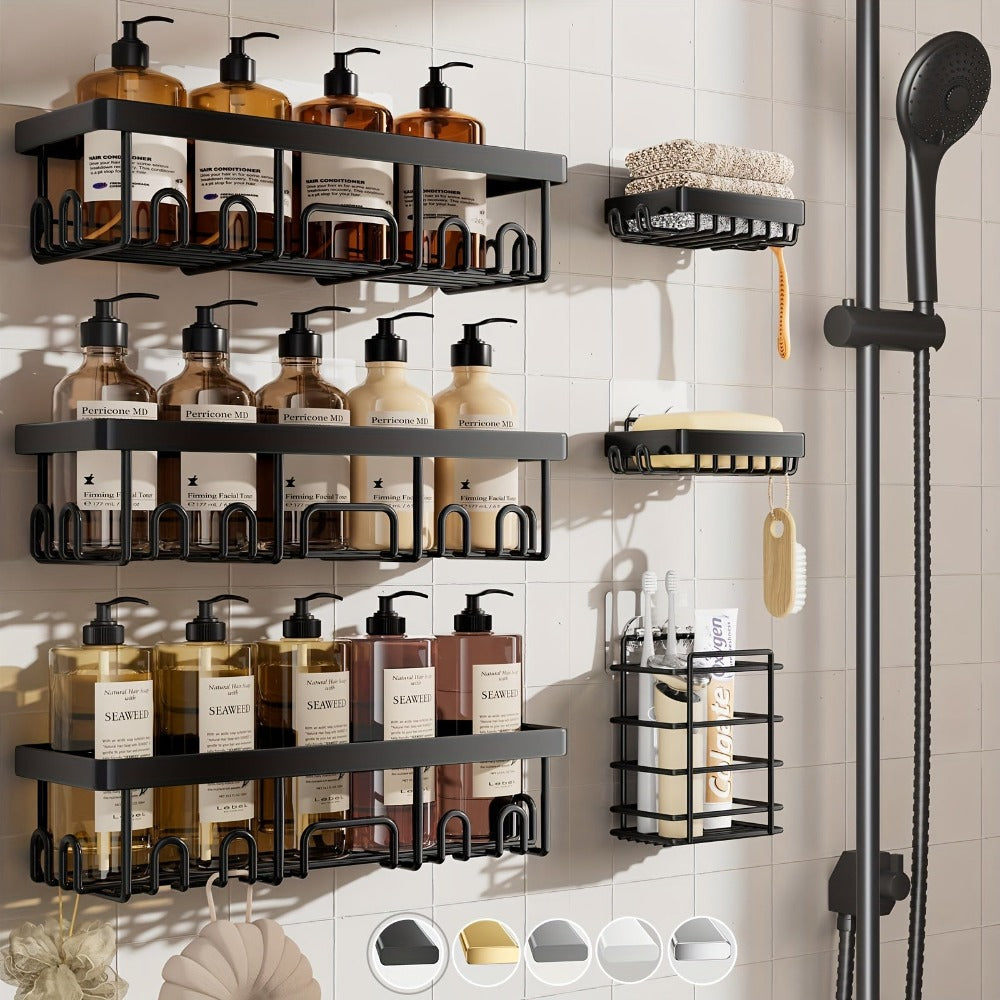 Juego de 6 organizadores de ducha, estantes negros para el baño, cestas de acero inoxidable para montaje en pared con adhesivo para dentro de la ducha, organizadores de ducha product image