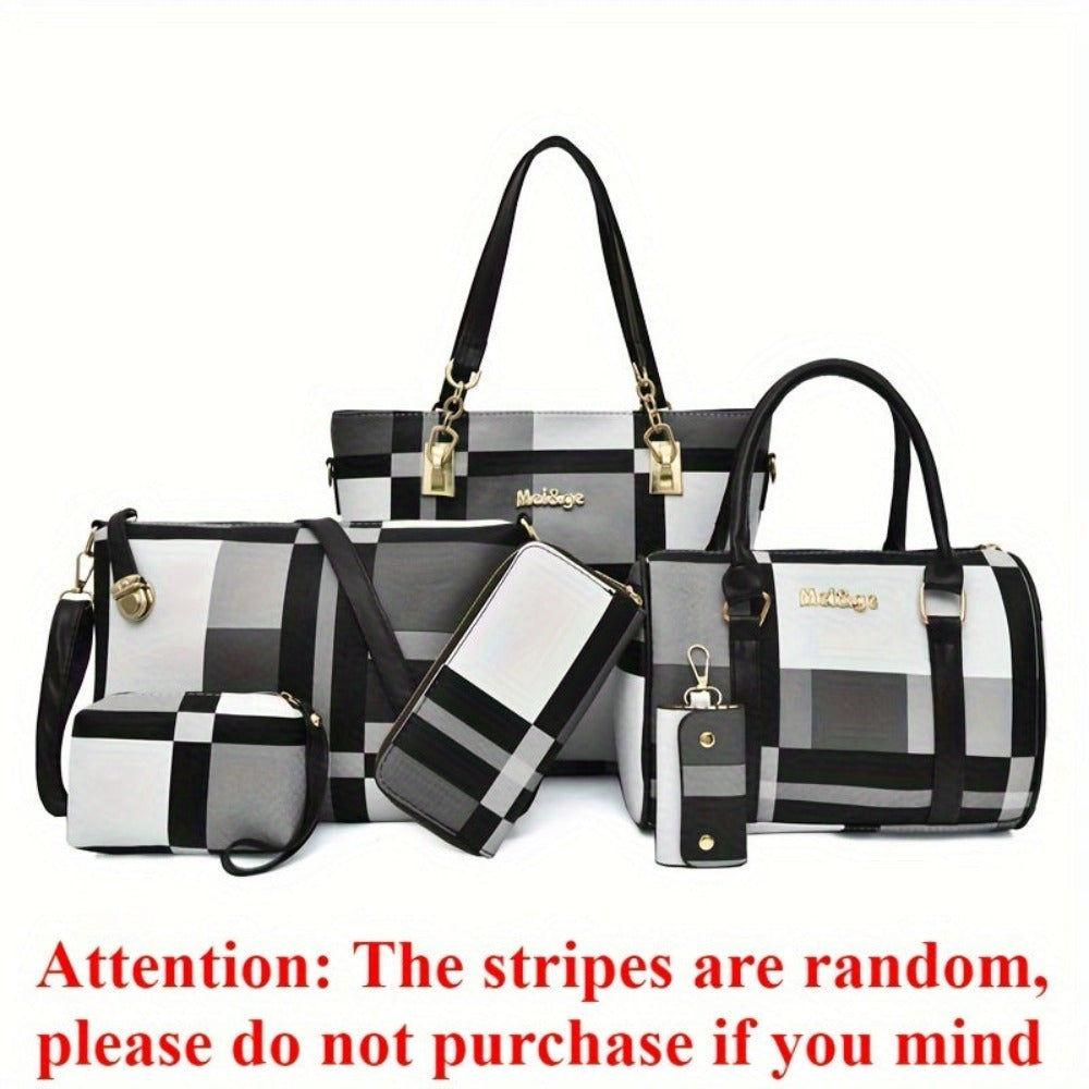 Juego de 6 piezas de bolso Vanaheimr para mujer, estampado de cuadros casual, las rayas son aleatorias, correa ajustable, cierre de cremallera, forrado, color de contraste de moda, combinación de bolso tote y bandolera de gran capacidad, id