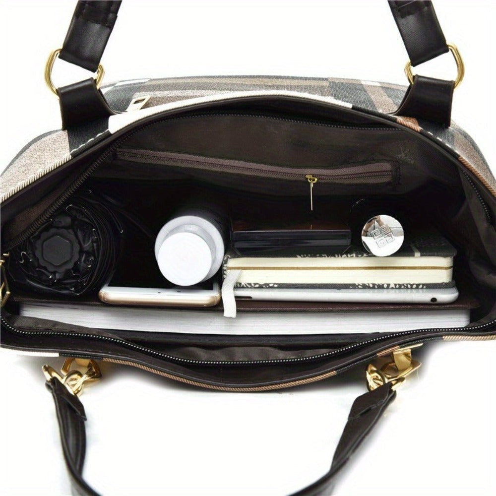 Juego de 6 piezas de bolso Vanaheimr para mujer, estampado de cuadros casual, las rayas son aleatorias, correa ajustable, cierre de cremallera, forrado, color de contraste de moda, combinación de bolso tote y bandolera de gran capacidad, id