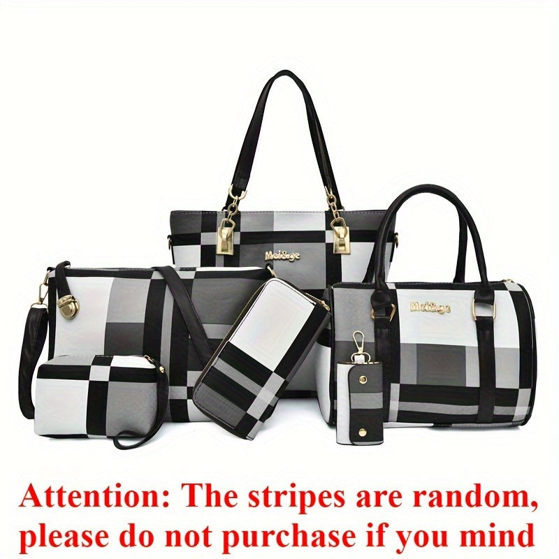 Juego de 6 piezas de bolso Vanaheimr para mujer, estampado de cuadros casual, las rayas son aleatorias, correa ajustable, cierre de cremallera, forrado, color de contraste de moda, combinación de bolso tote y bandolera de gran capacidad, id