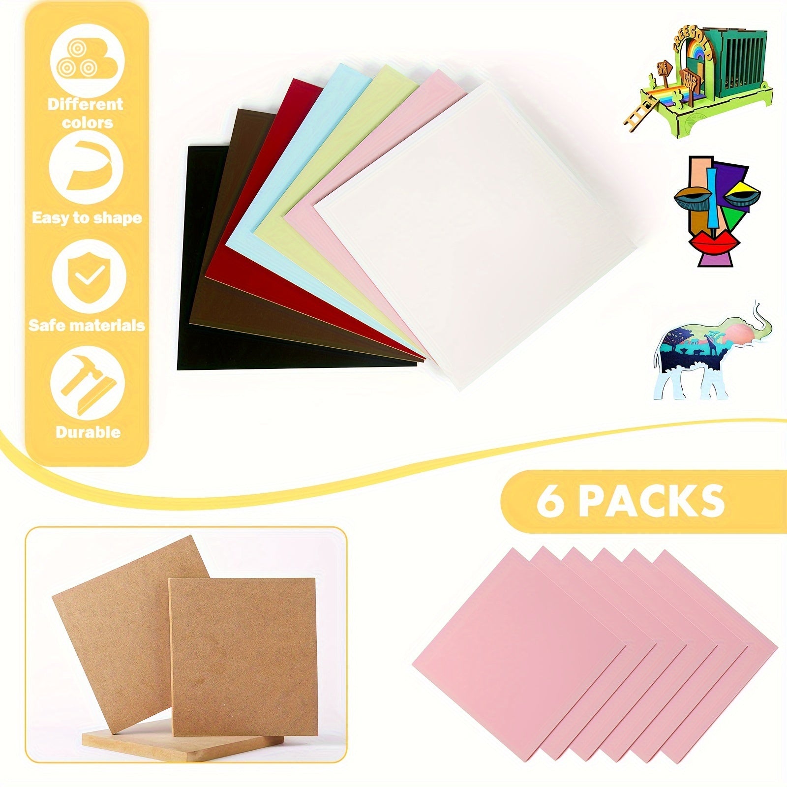 Juego de 6 piezas de tablero MDF de densidad especial de 3 mm 30*30 cm con pegatinas coloridas para manualidades, corte CNC, pintura, manualidades DIY, ahuecado, decoraciones festivas, maquetas planas, maquetas de casas, joyería de aretes -