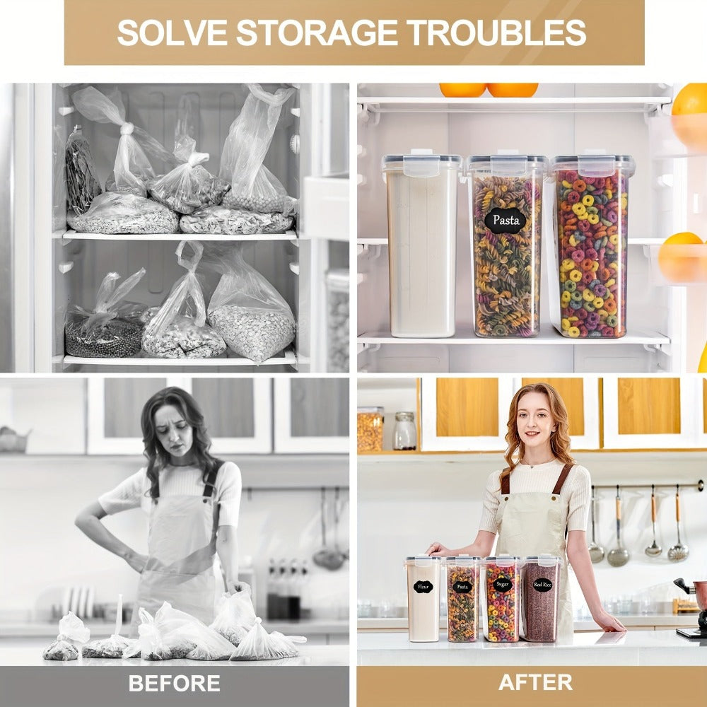 Juego de 6 recipientes herméticos de 2.5L para almacenamiento de alimentos, color , con tapas para organización y almacenamiento de despensa de cocina, frascos de plástico para cereales, pasta, harina y azúcar - Juego de cucharas, etiquetas
