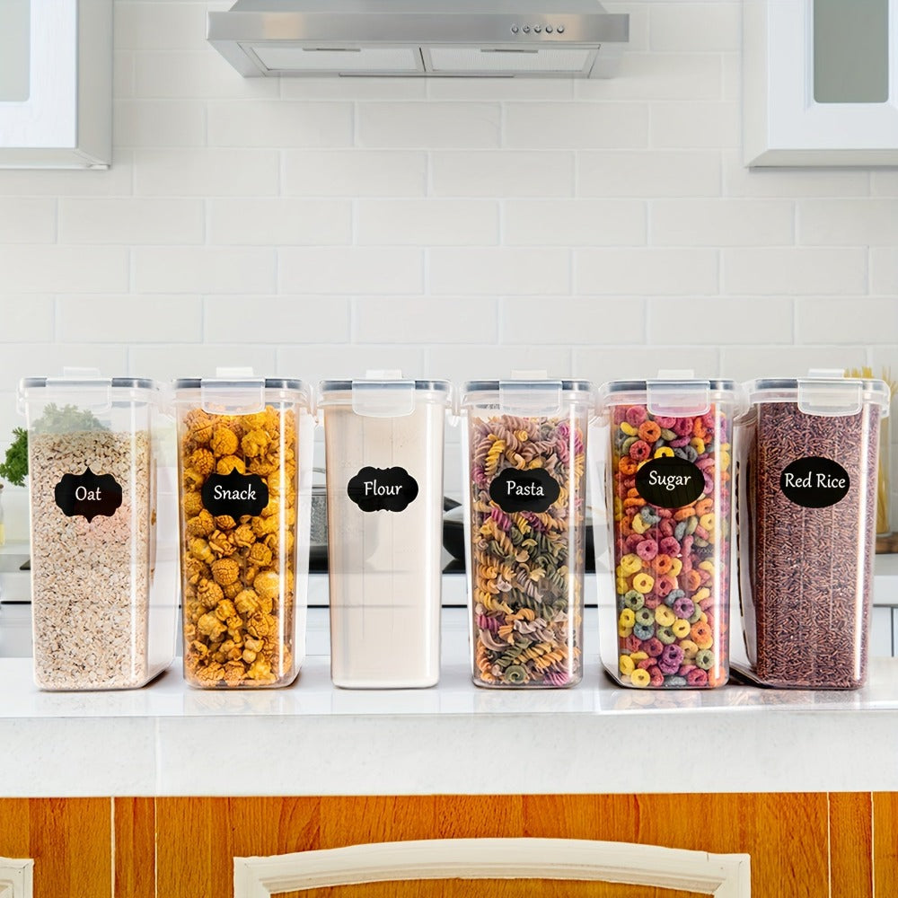 Juego de 6 recipientes herméticos de 2.5L para almacenamiento de alimentos, color , con tapas para organización y almacenamiento de despensa de cocina, frascos de plástico para cereales, pasta, harina y azúcar - Juego de cucharas, etiquetas