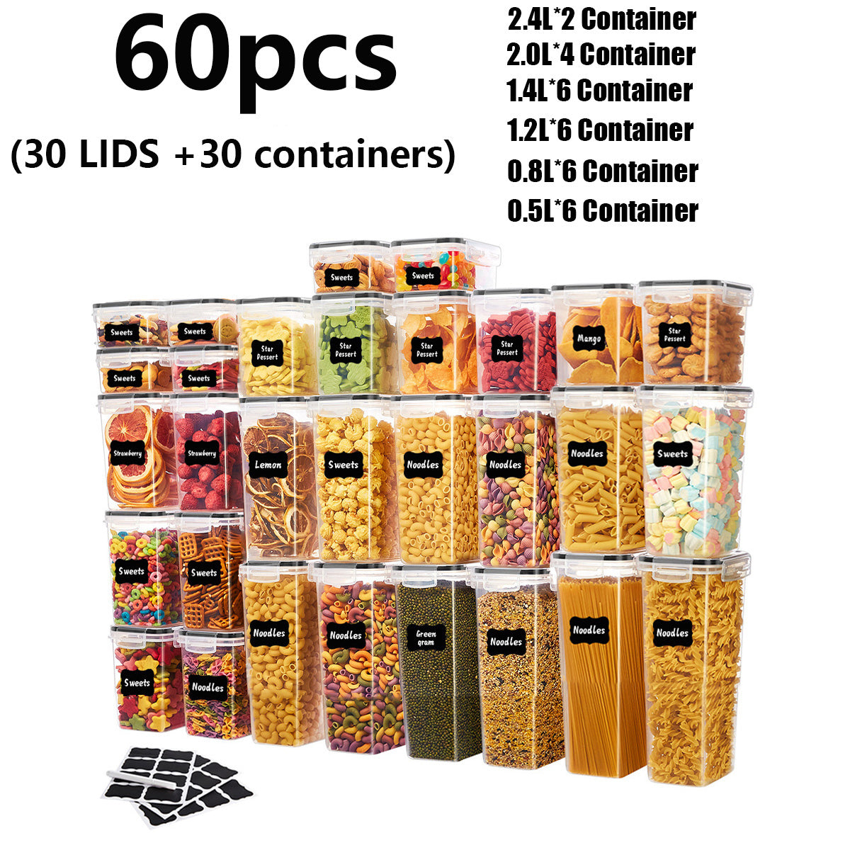 Juego de 60/24 piezas de recipientes herméticos para almacenar alimentos, caja de almacenamiento de alimentos, lata de plástico para productos secos, adecuado para organizar y almacenar en cocinas y despensas, muy adecuado para granos, etiq