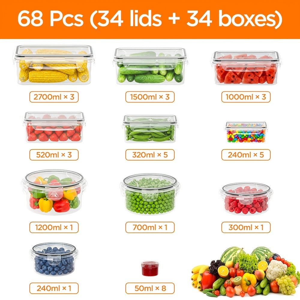 Juego de 68/60/56/44/24 piezas de recipientes herméticos para almacenar alimentos - Contenedores de plástico a prueba de aire y fugas con tapas, organizadores apilables para nevera, despensa y sobras, aptos para microondas/congelador/lavava