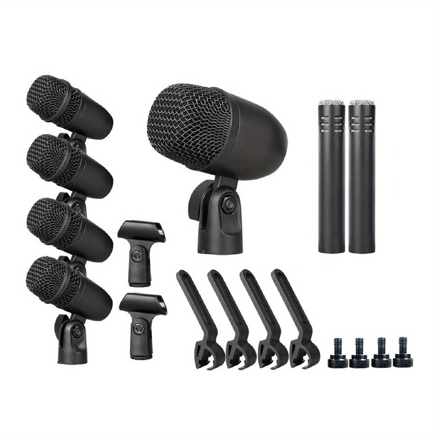 Juego de 7 micrófonos dinámicos de metal para batería - Adecuados para grabación profesional de batería con micrófonos para bombo, tom/snare y platillos, equipados con pinzas para micrófono variant image