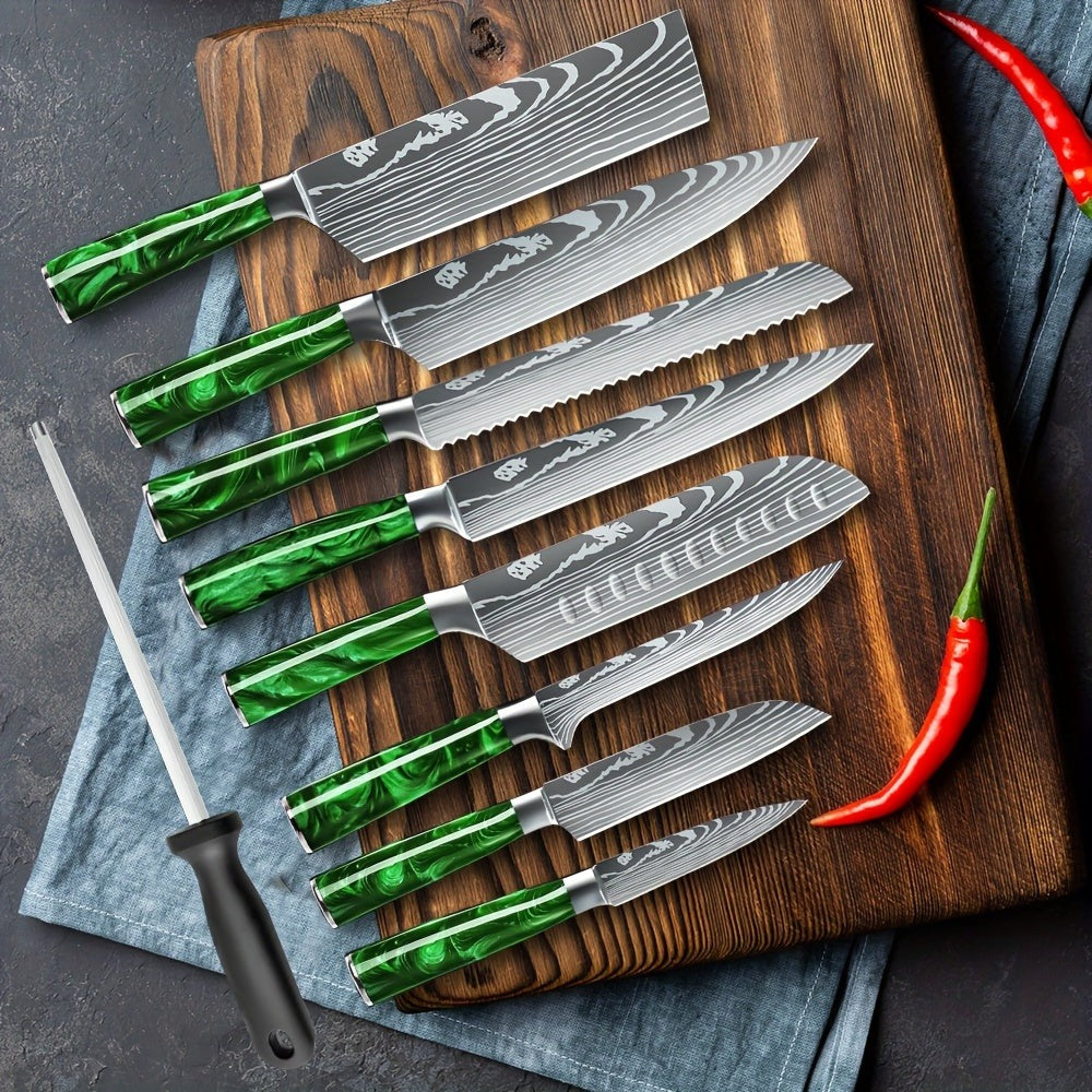 Juego de 8 cuchillos, perfecto para uso en la cocina, con hojas de acero inoxidable ultra afiladas para un rendimiento duradero. Disponible en azul, verde, negro y morado, viene con una funda de nailon para un almacenamiento y transporte co