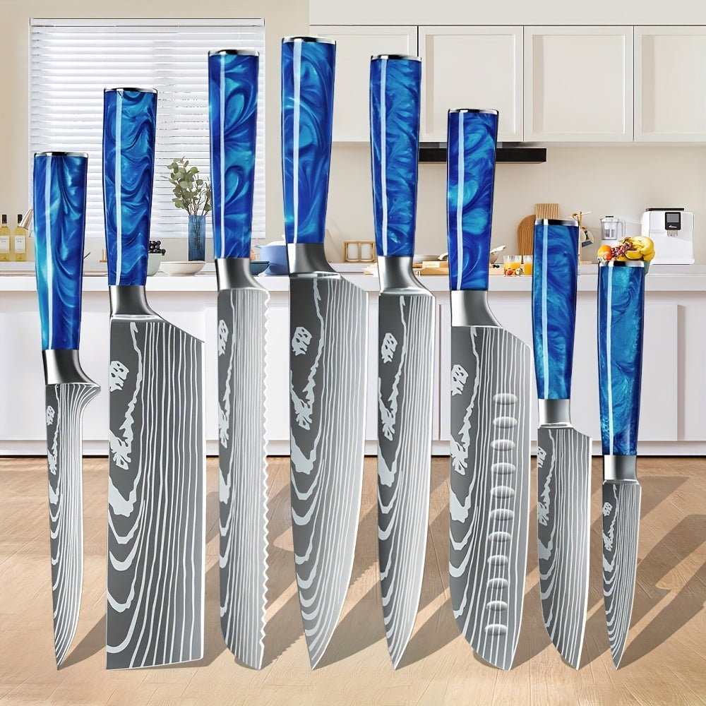 Juego de 8 cuchillos, perfecto para uso en la cocina, con hojas de acero inoxidable ultra afiladas para un rendimiento duradero. Disponible en azul, verde, negro y morado, viene con una funda de nailon para un almacenamiento y transporte co
