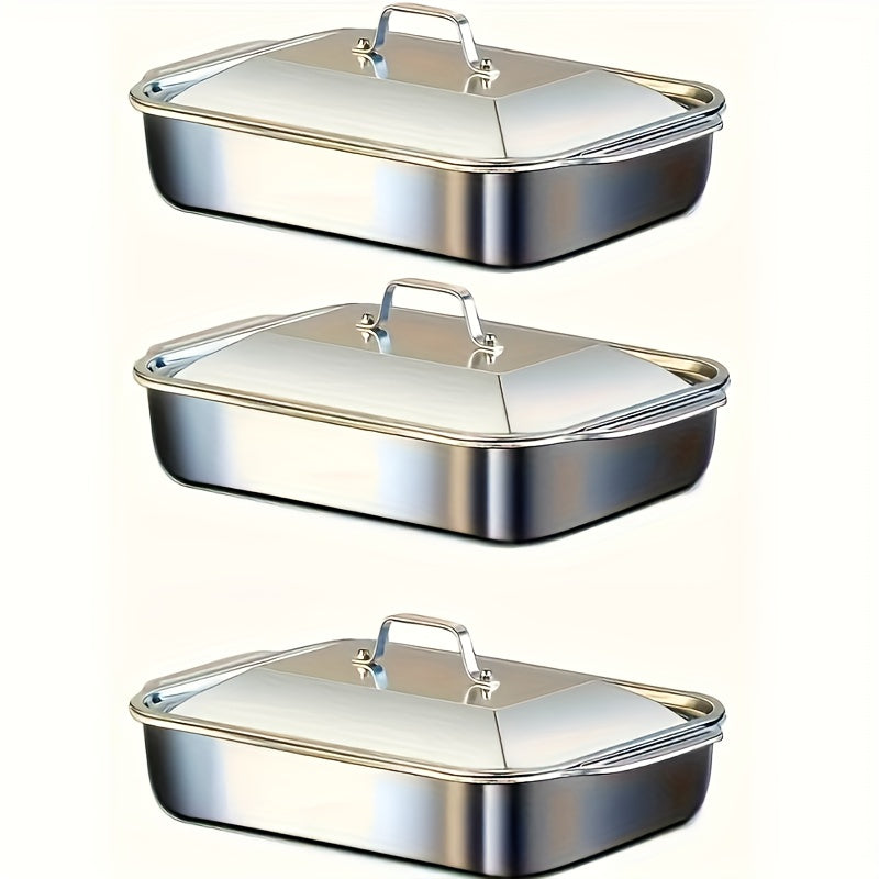 Juego de Bandejas para Hornear de Acero Inoxidable, Bandeja Metálica con Tapa, Diseño de Bordes Altos para Mayor Capacidad, Resistente al Calor hasta 230°C, Fácil de Limpiar, Bandeja para Asar Adecuada para Guisos/Lasaña/Pollo/Verduras vari