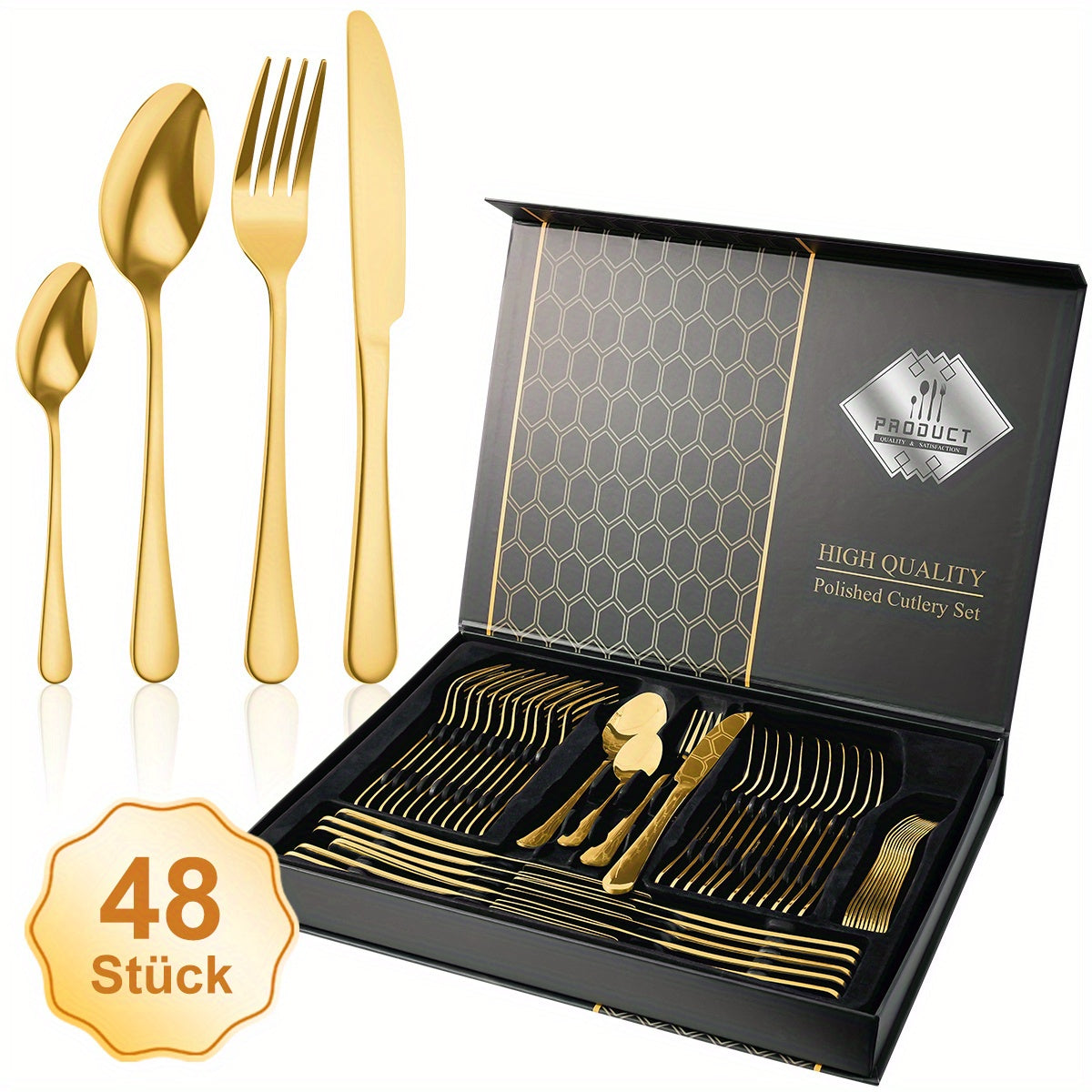 Juego de cubiertos de acero inoxidable de 48 piezas para 12 personas | Elegante caja de regalo, cubiertos premium, pulido espejo, apto para lavavajillas, cuchillos para bistec, tenedores y cucharas ergonómicas | para reuniones familiares, b