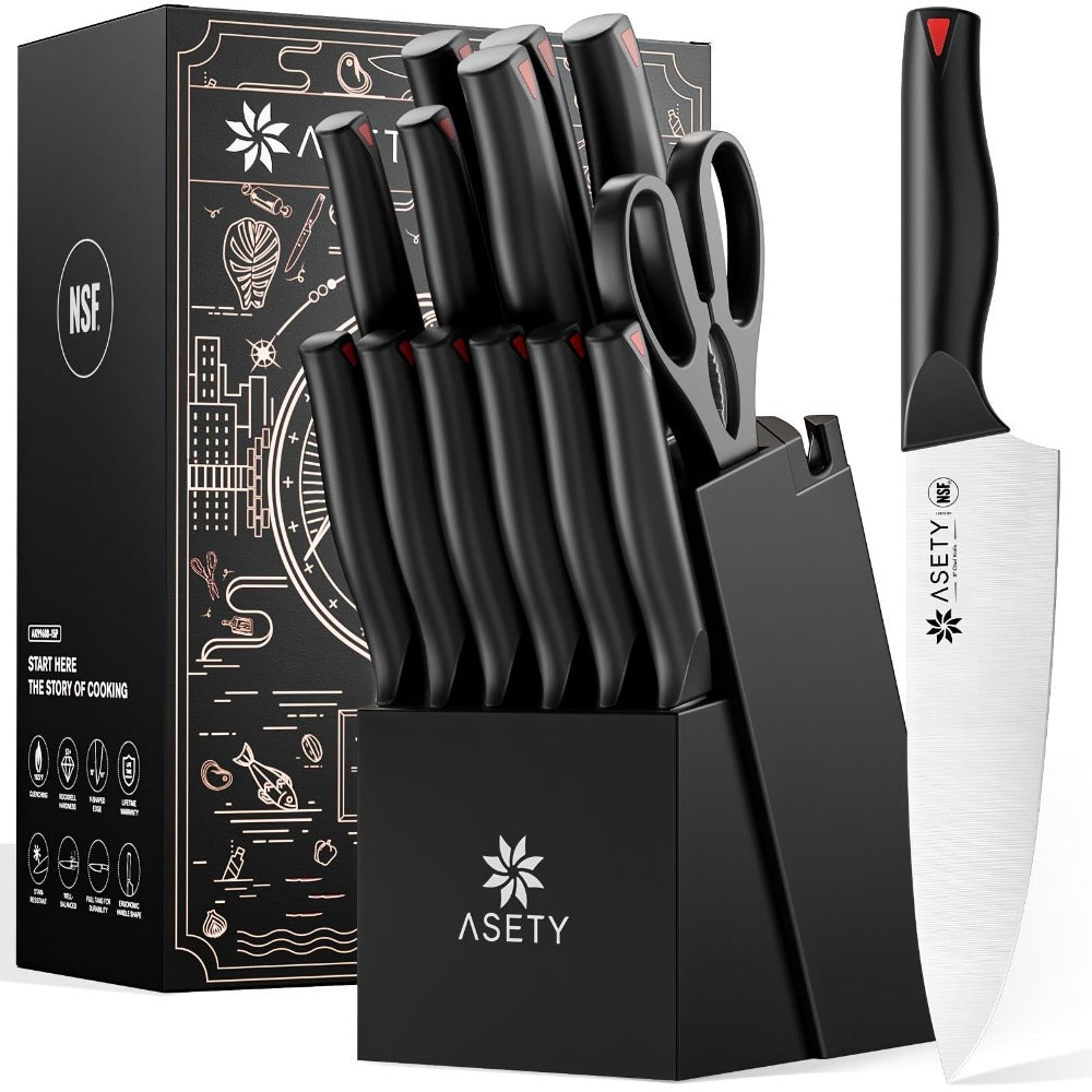 Juego de cuchillos Asety, juego de 15 cuchillos de cocina con bloque afilador incorporado, juego de bloque de cuchillos de acero inoxidable de alto carbono, seguro para alimentos NSF, juegos de cuchillos aptos para lavavajillas para la coci