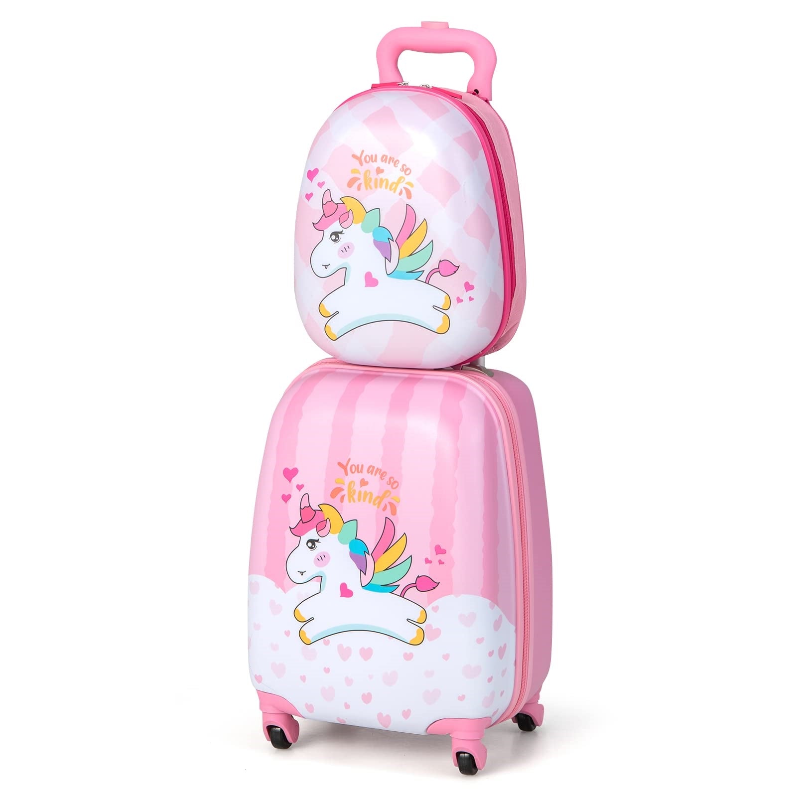 Juego de equipaje para niños de 2 piezas + Mochila, Trolley infantil de plástico, Equipaje infantil, Juego de equipaje de mano para viaje, Maleta rígida para niños y niñas (Unicornio rosa, 12"+16") variant image