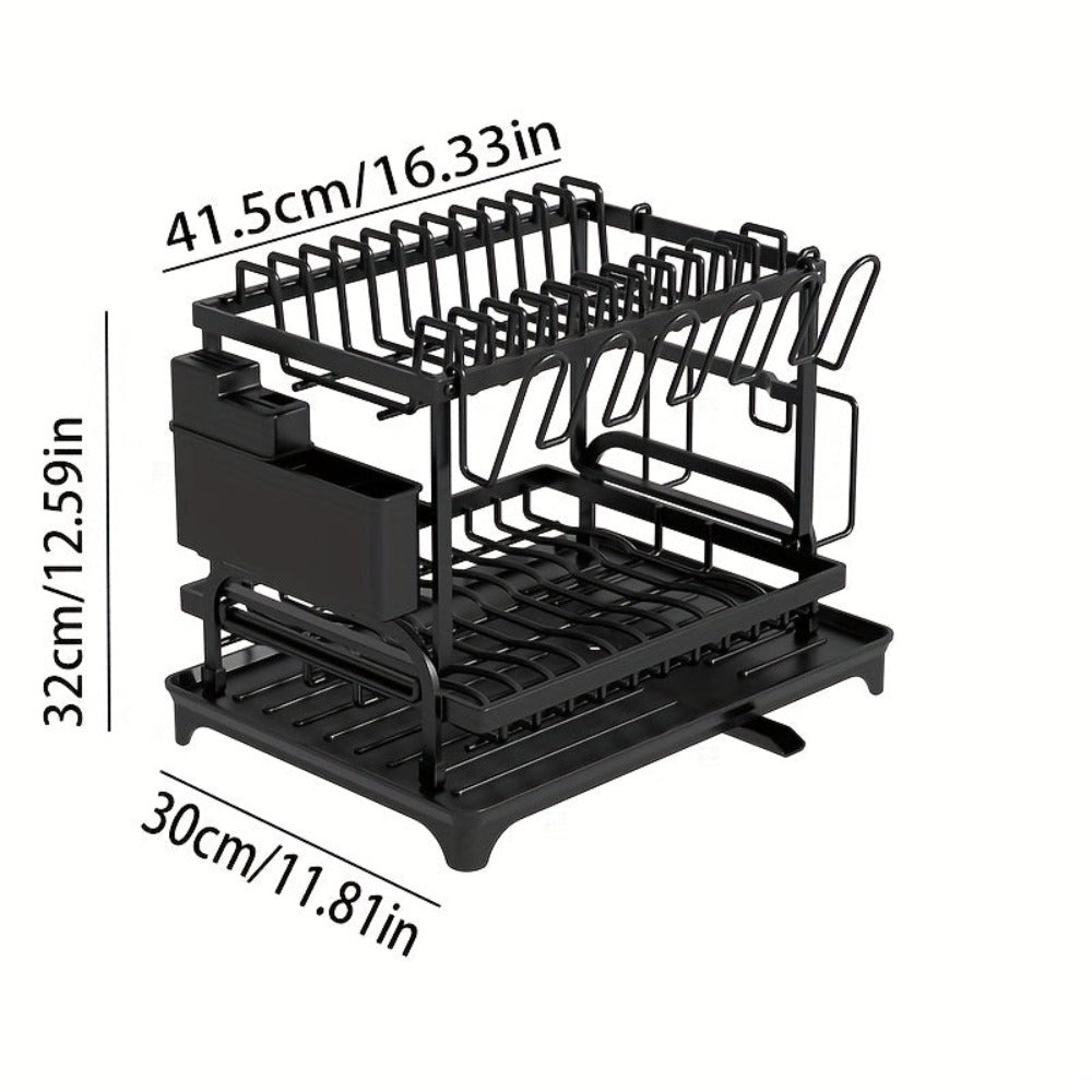 Juego de escurridor de platos de 2 niveles con bandeja de goteo - Espera de metal grande para platos con desagüe, soporte para vasos, soporte para cubiertos y sistema de desagüe adicional - Accesorios de cocina para secado y organización ef