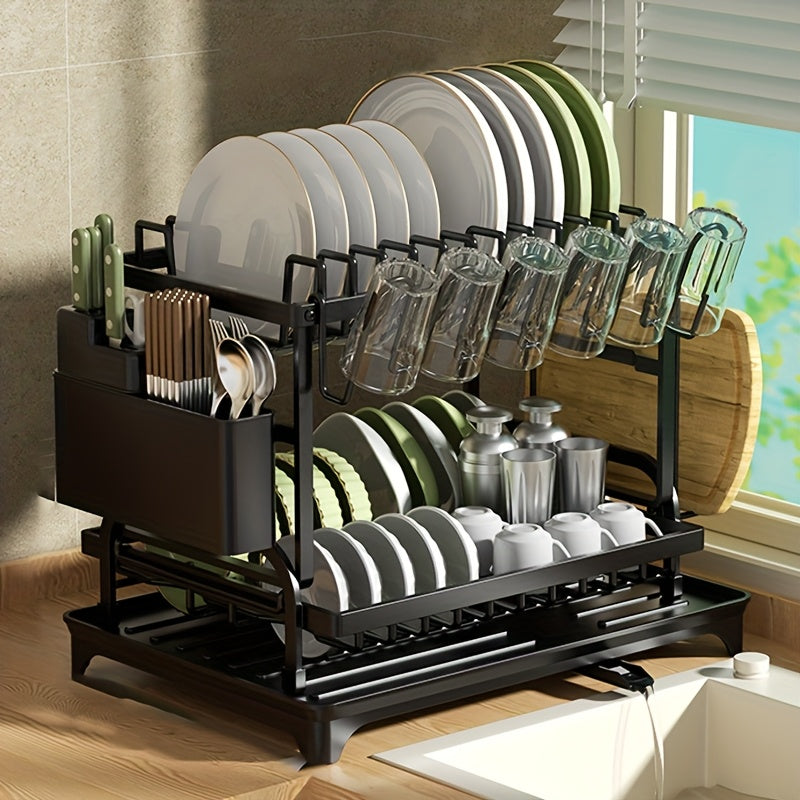 Juego de escurridor de platos de 2 niveles con bandeja de goteo - Espera de metal grande para platos con desagüe, soporte para vasos, soporte para cubiertos y sistema de desagüe adicional - Accesorios de cocina para secado y organización ef