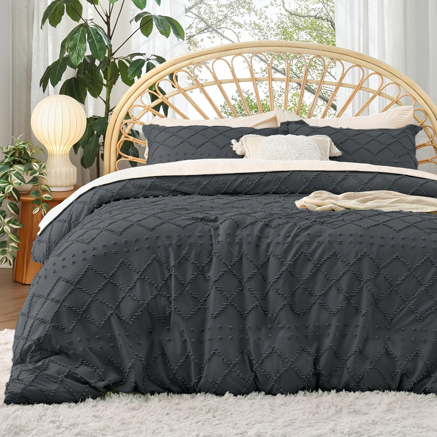 Juego de funda nórdica de lujo con bordado exquisito estilo bohemio, ropa de cama acolchada lavada vintage 2/3 piezas transpirable, fibra ultrafina de alta calidad adecuada para todas las estaciones, ropa de cama tejida suave, lavable a máq