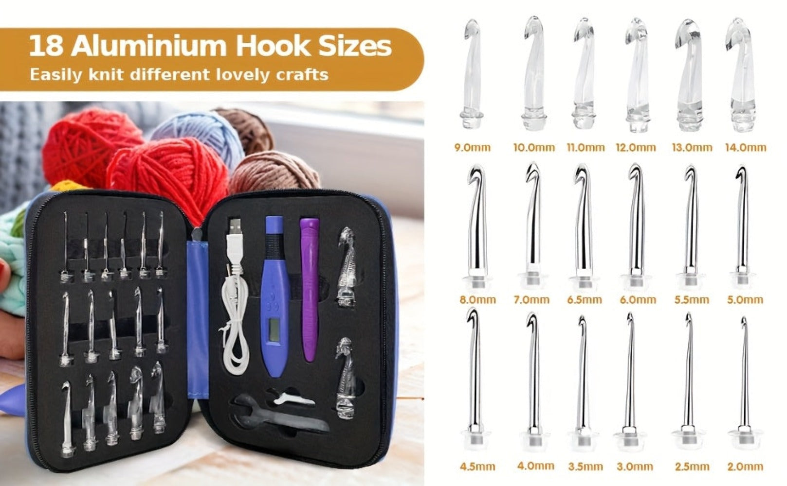 Juego de Ganchos para Crochet con Contador y Luz LED, 18 en 1, Incluye Llave Grande/Pequeña, Mango Extra y Bolsa de Almacenamiento, Ideal para Tejer y Crochet detail image - detail view 3