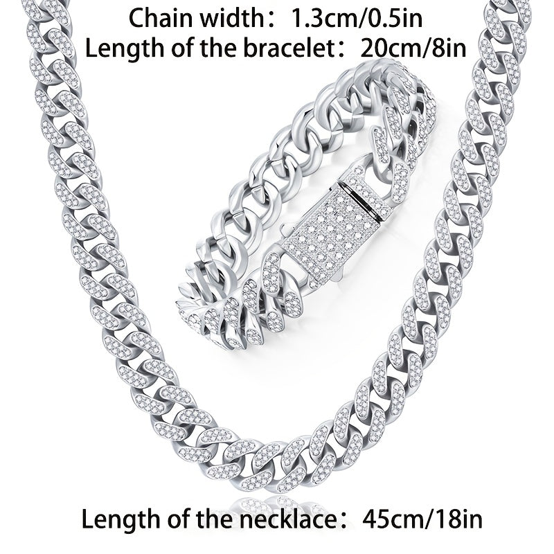 Juego de Joyería de Plata 925 con Cadena Cubana Incrustada con Zirconia 5A, Cadena Gruesa de Moda Hip-hop Casual, Ambiente de Lujo Generoso, Decoración para Fiestas y Banquetes, Hipoalergénico, El Mejor Regalo para Él, Empaque en Caja de Re