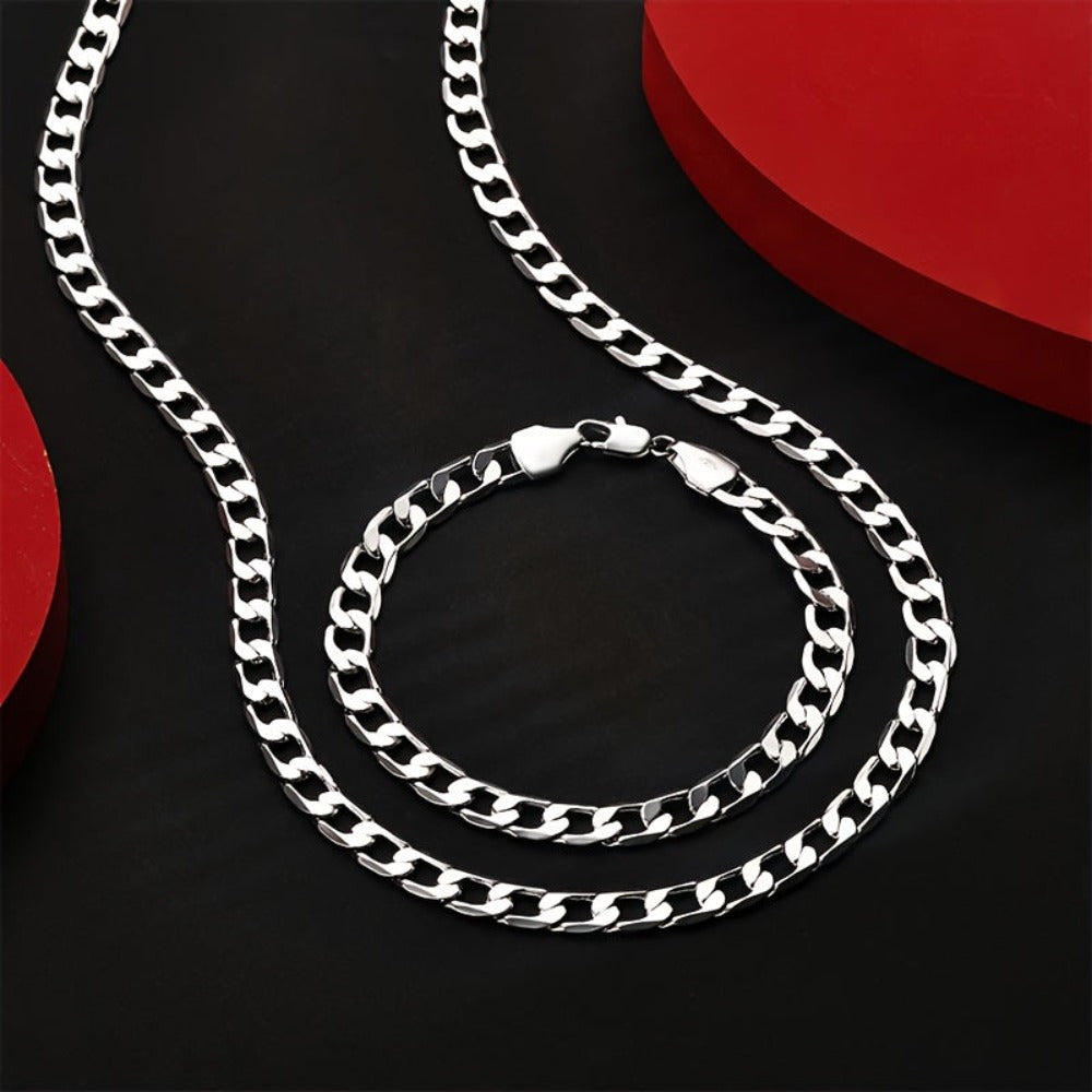 Juego de joyería plateado en plata de 925, collar de eslabones cubanos de 8 mm + juego de pulsera, joyería minimalista, regalo para el Día de San Valentín, Día de la Madre, Día del Padre, empaque en caja de regalo product image