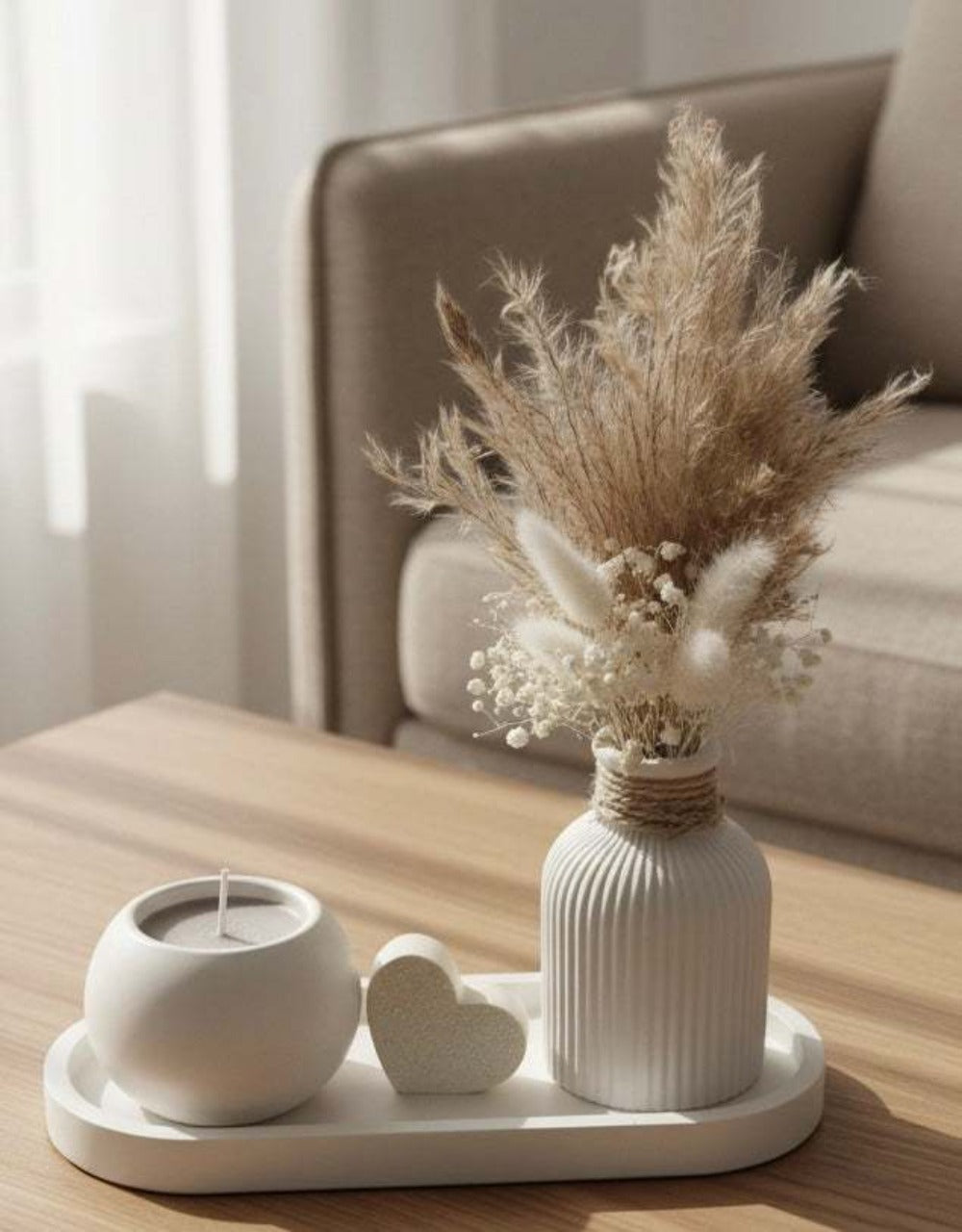 Juego de mesa decorativo natural con jarrón, flores secas y portavelas - Beige/Blanco - Decoración de mesa, sala de estar, idea de regalo, juego de decoración, jarrón de cerámica con flores secas, decoración de corazón, diseño escandinavo -