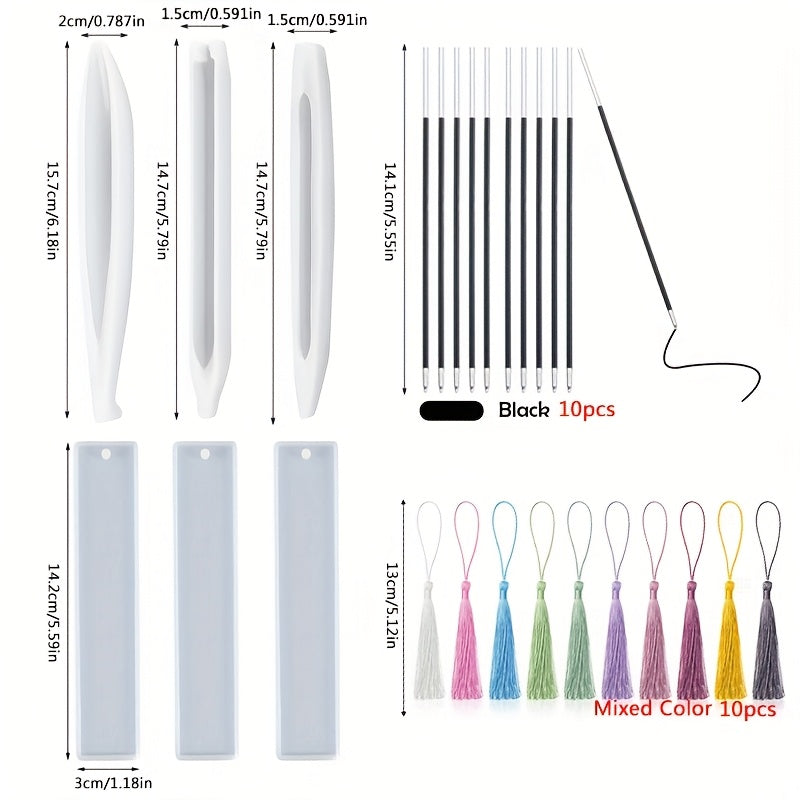 Juego de moldes de silicona transparentes para bolígrafo y marcador, moldes para fundición de resina epoxi, suministros de manualidades de papelería hechos a mano DIY, molde de bolígrafo de forma híbrida con decoración de borla y dije varia