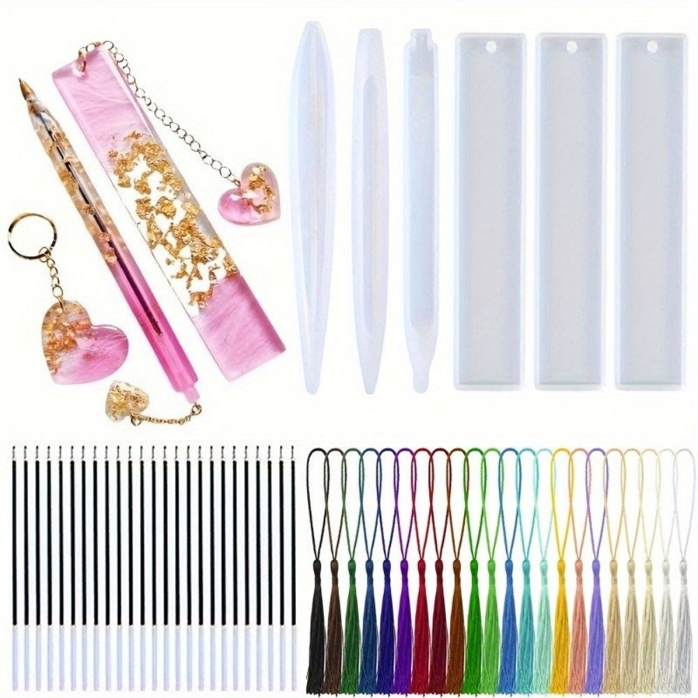 Juego de moldes de silicona transparentes para bolígrafo y marcador, moldes para fundición de resina epoxi, suministros de manualidades de papelería hechos a mano DIY, molde de bolígrafo de forma híbrida con decoración de borla y dije produ