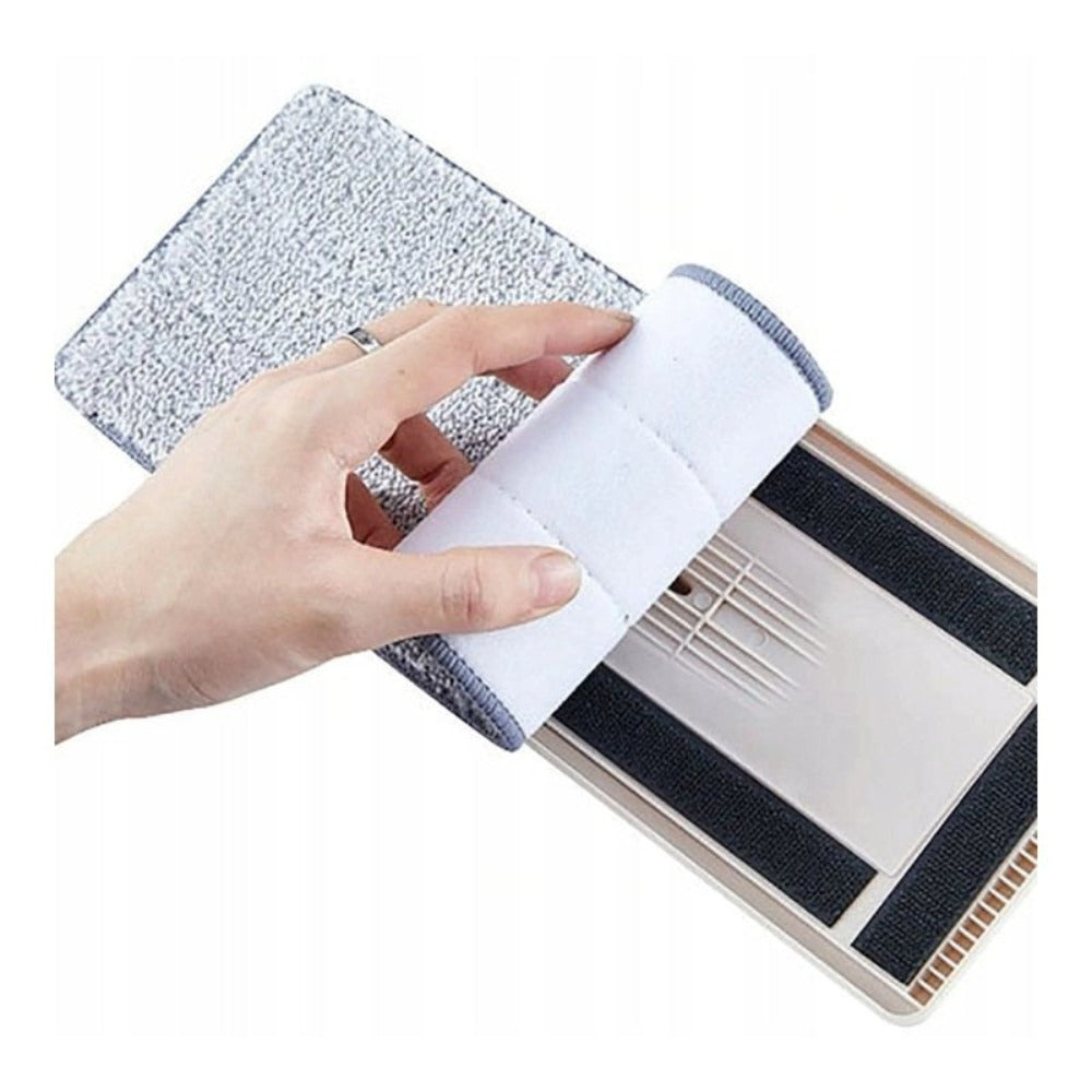 Juego de mopa plana con escurridor, cubo de dos compartimentos + 2 almohadillas de microfibra. Sistema de lavado y secado para limpieza y secado sin mojarse las manos. Cubo de 2 compartimentos con capacidad de 9L y tapones de drenaje. Cabez