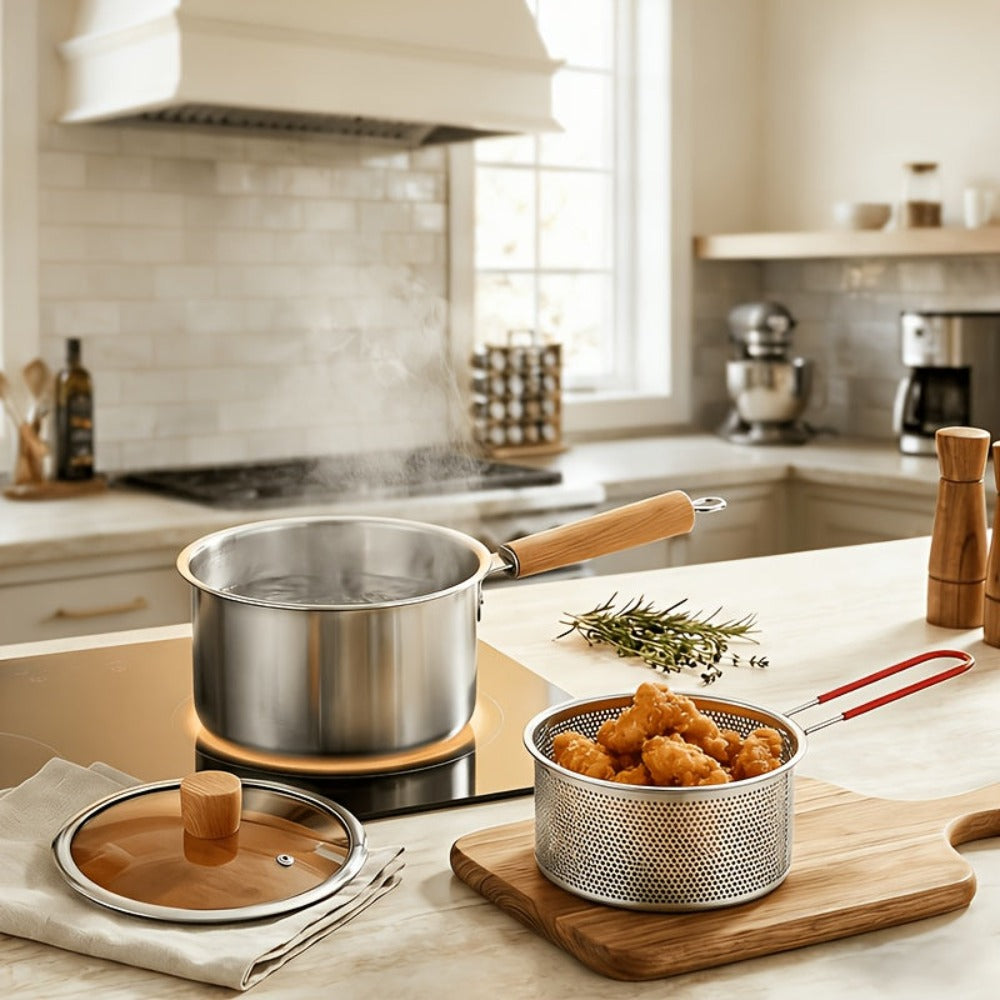 Juego de ollas de cocina multiusos con cesta para freír y tapa de cristal: cacerola antiadherente, freidora, olla para fideos, cacerola para leche, olla freidora de acero inoxidable, olla para cocinar pasta, apta para estufas de inducción y